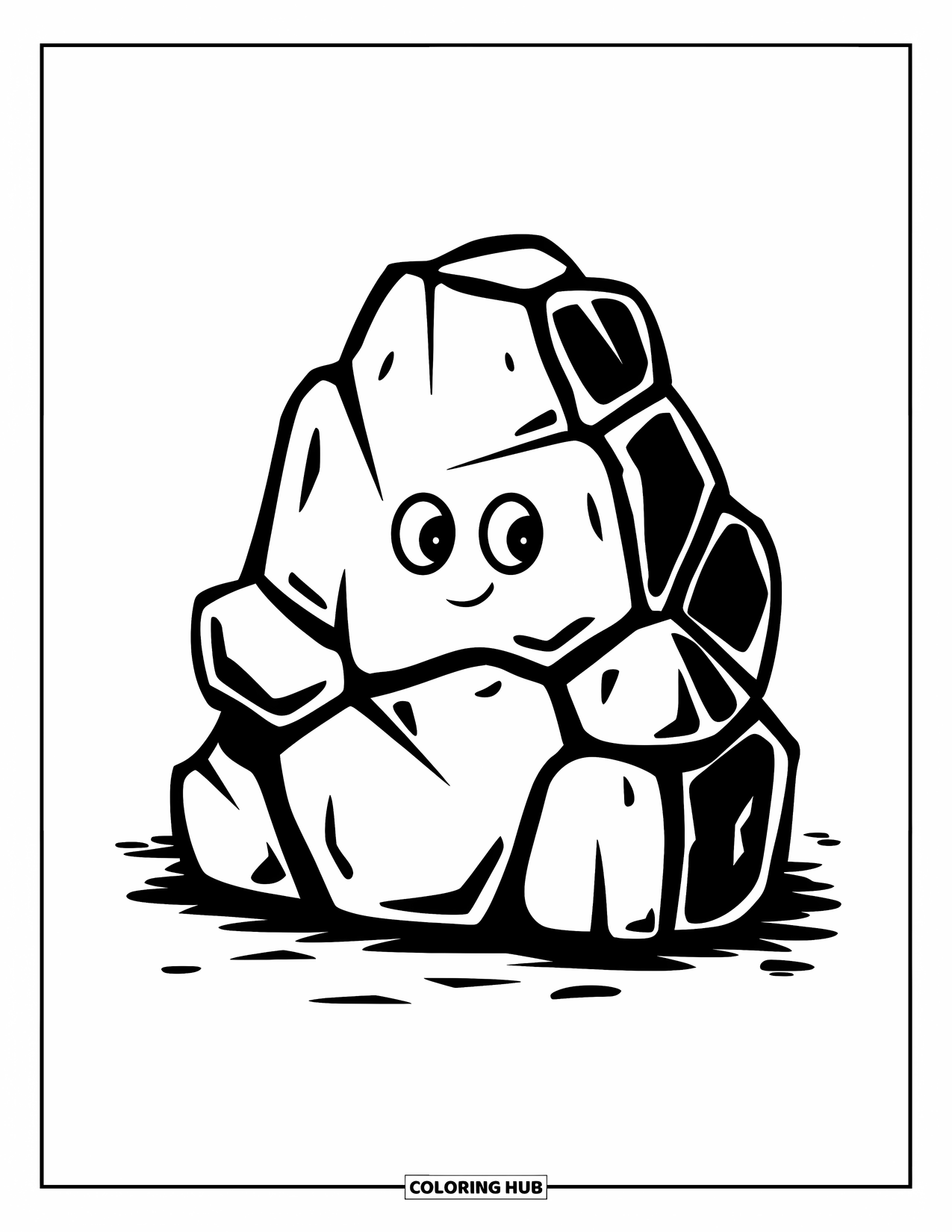 Rock Coloring Page for Kids: Chunky rock with tiny arms sits on the ground smiling
