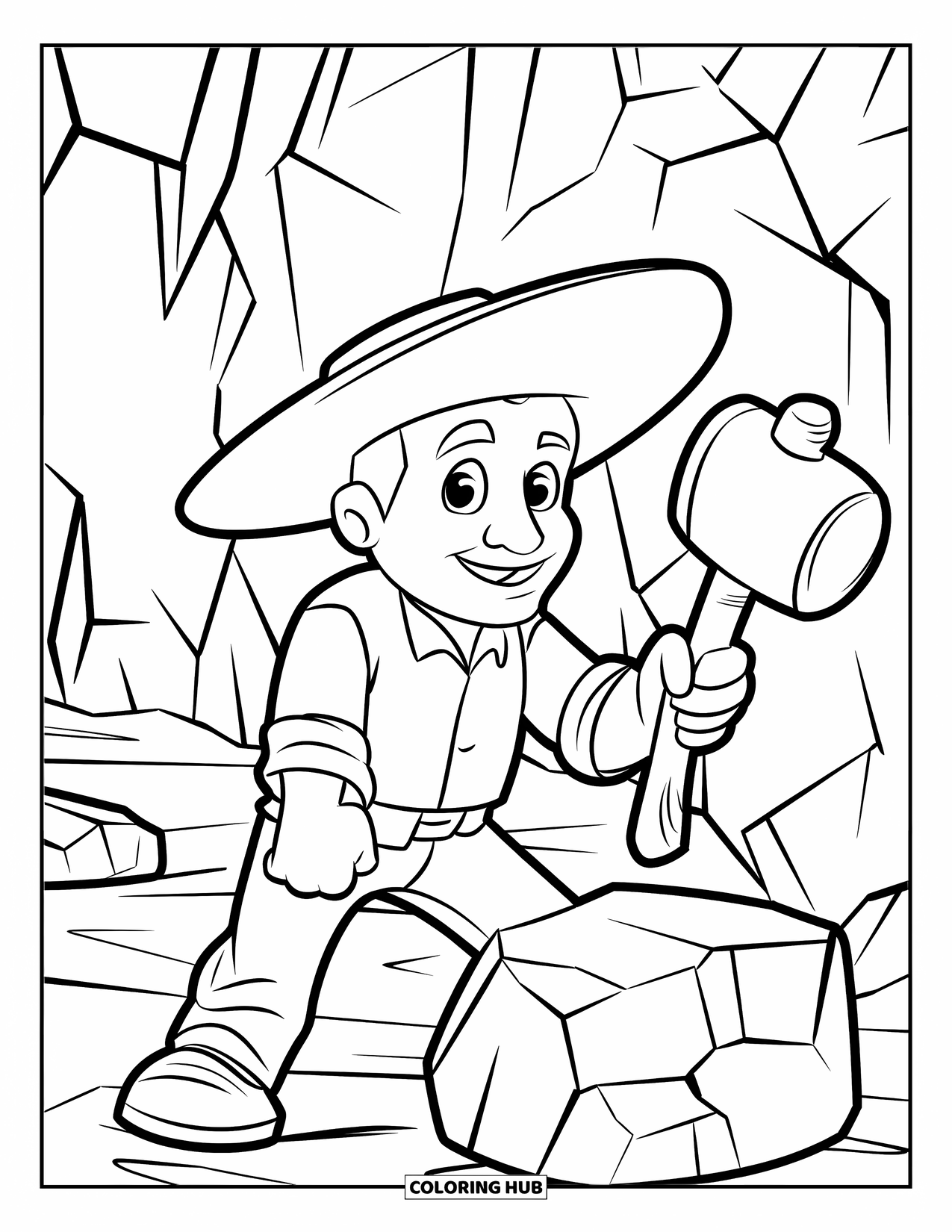 Rock Coloring Page for Kids: Friendly geologist in a wide-brimmed hat with big rocks in the background