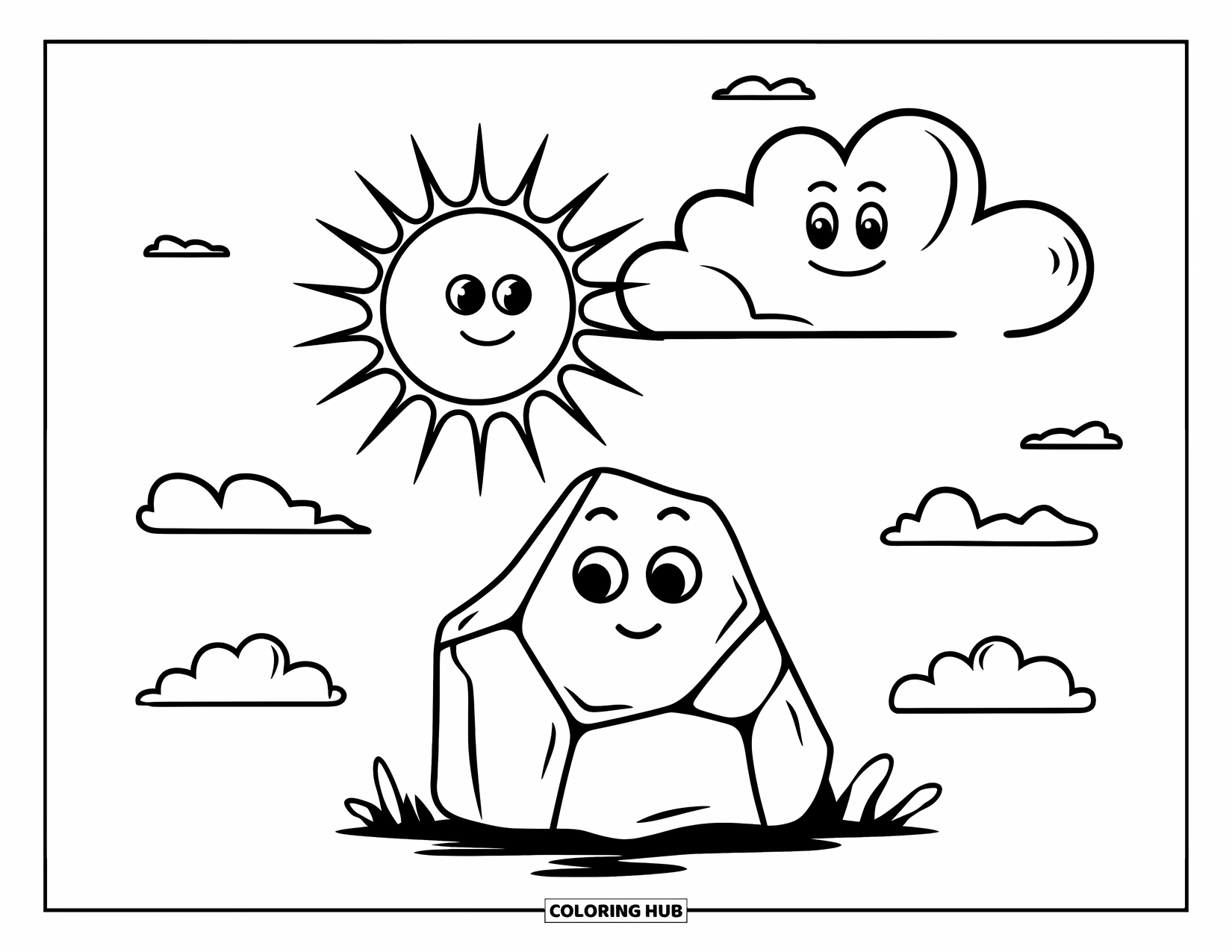Rock Coloring Page for Kids: Friendly rock with smiley face under sunny sky with clouds