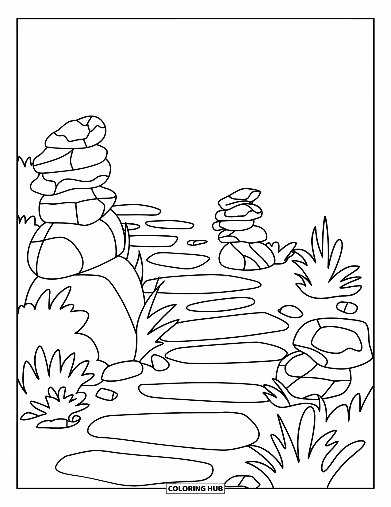 Rock Coloring Page for Kids: Garden path with plants and stone stacks surrounded by scattered pebbles