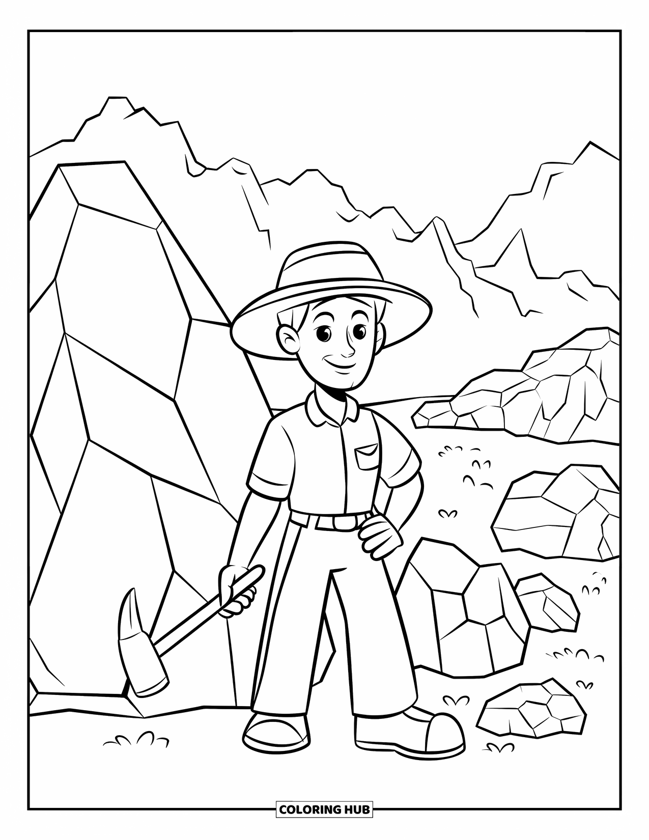 Rock Coloring Page for Kids: Geologist holding a rock hammer beside large rocks in a mountain landscape