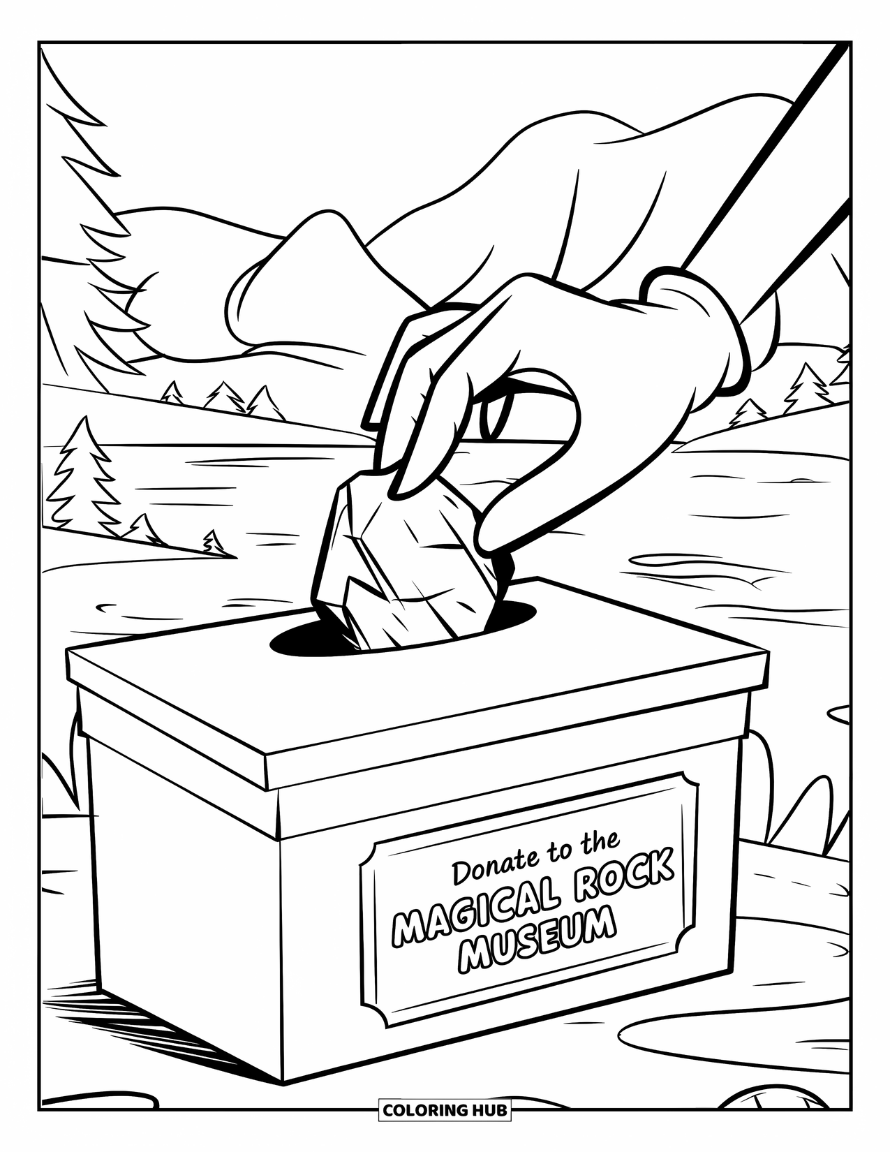 Rock Coloring Page for Kids: Gloved hand drops shiny rock into a museum donation box near a mountain lake