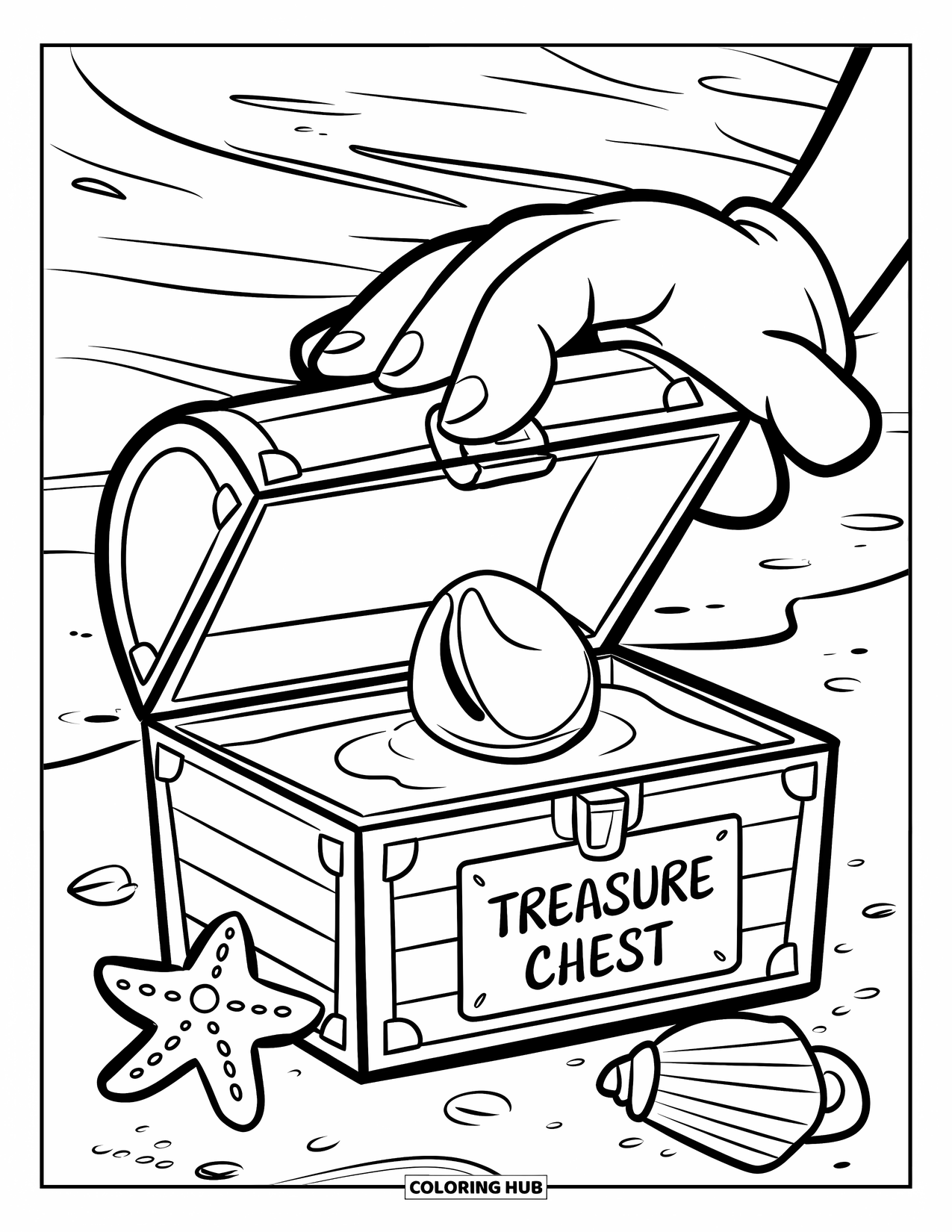 Rock Coloring Page for Kids: Gloved hand places shiny rock in a "Treasure Chest" box on a sandy beach