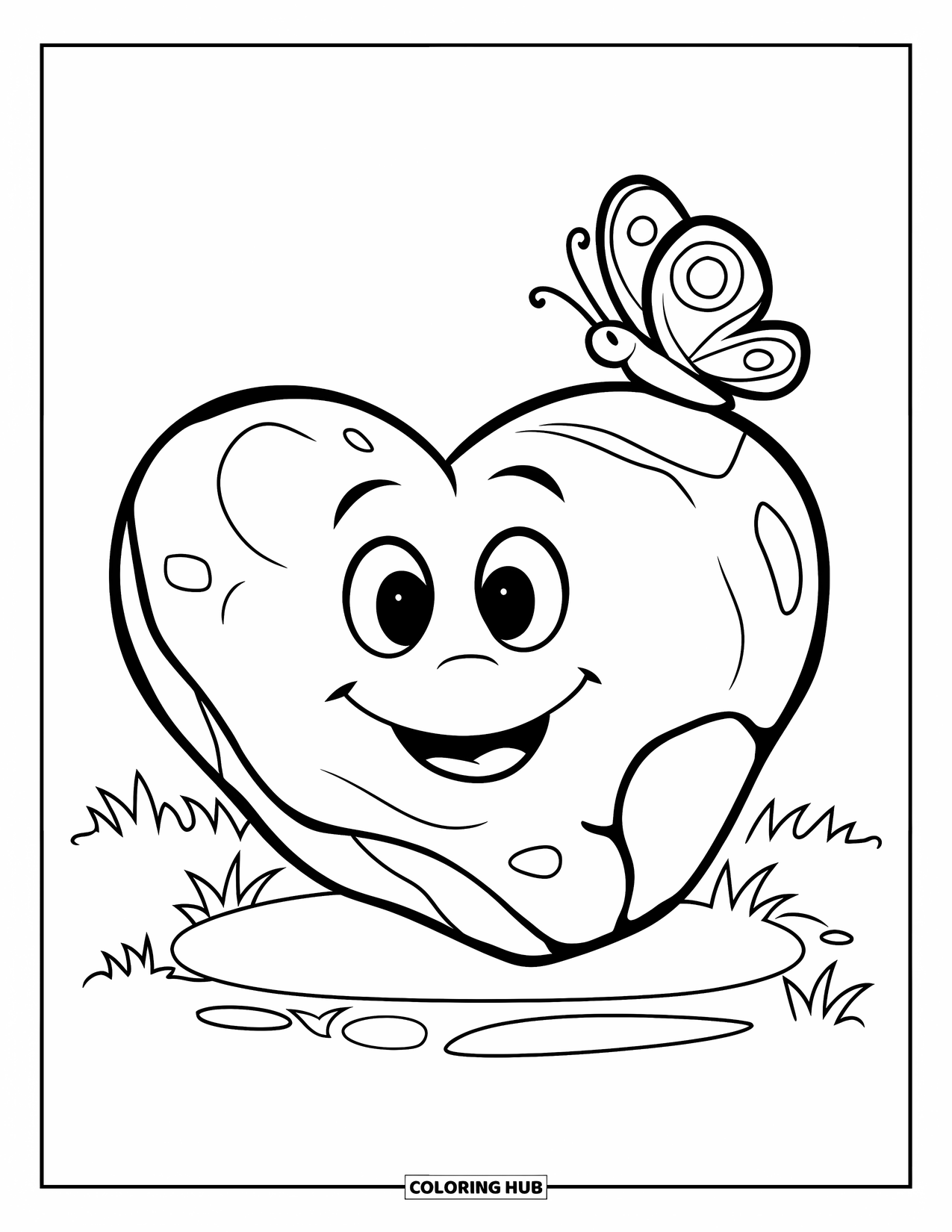 Rock Coloring Page for Kids: Heart-shaped rock smiles as a butterfly hovers above