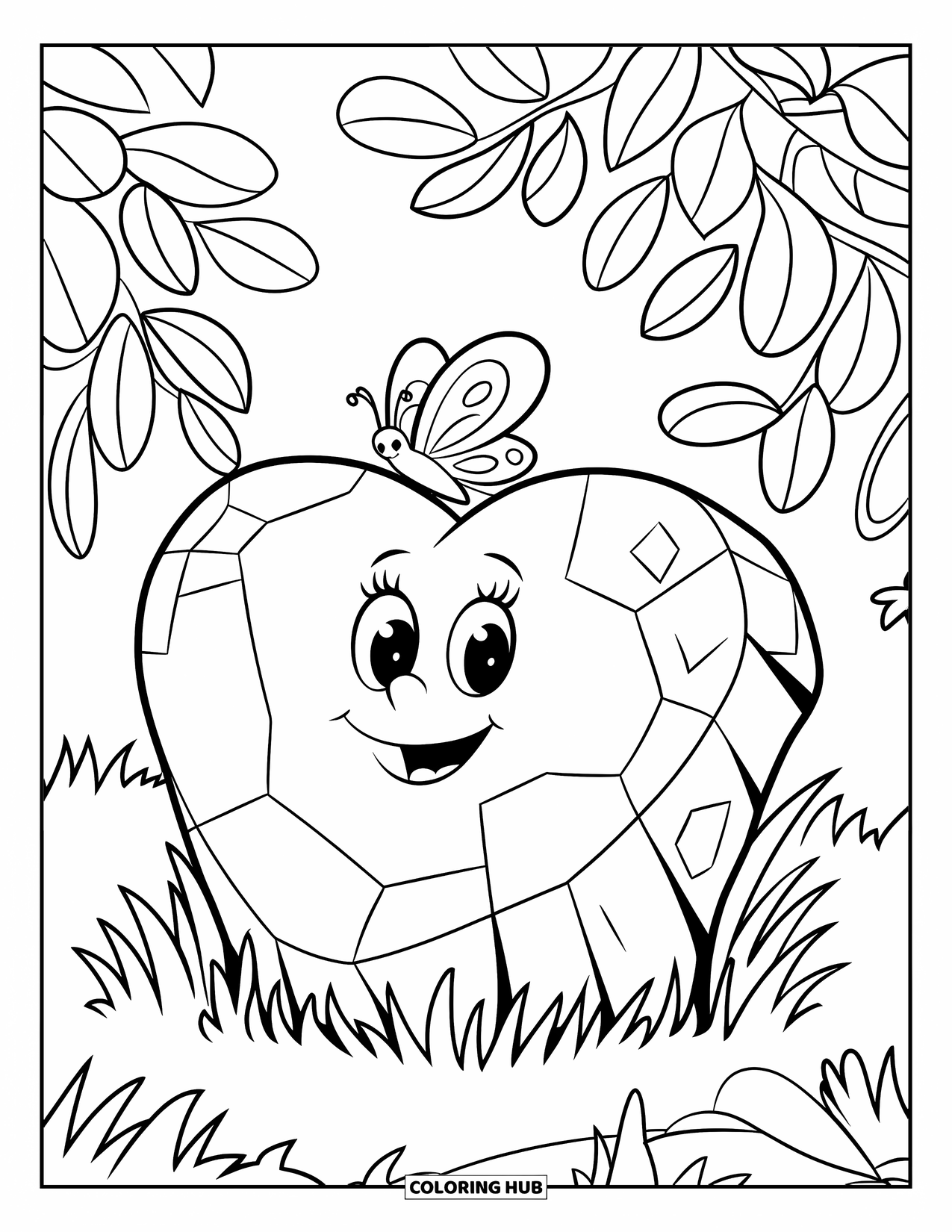 Rock Coloring Page for Kids: Heart-shaped rock with a perched butterfly surrounded by plants