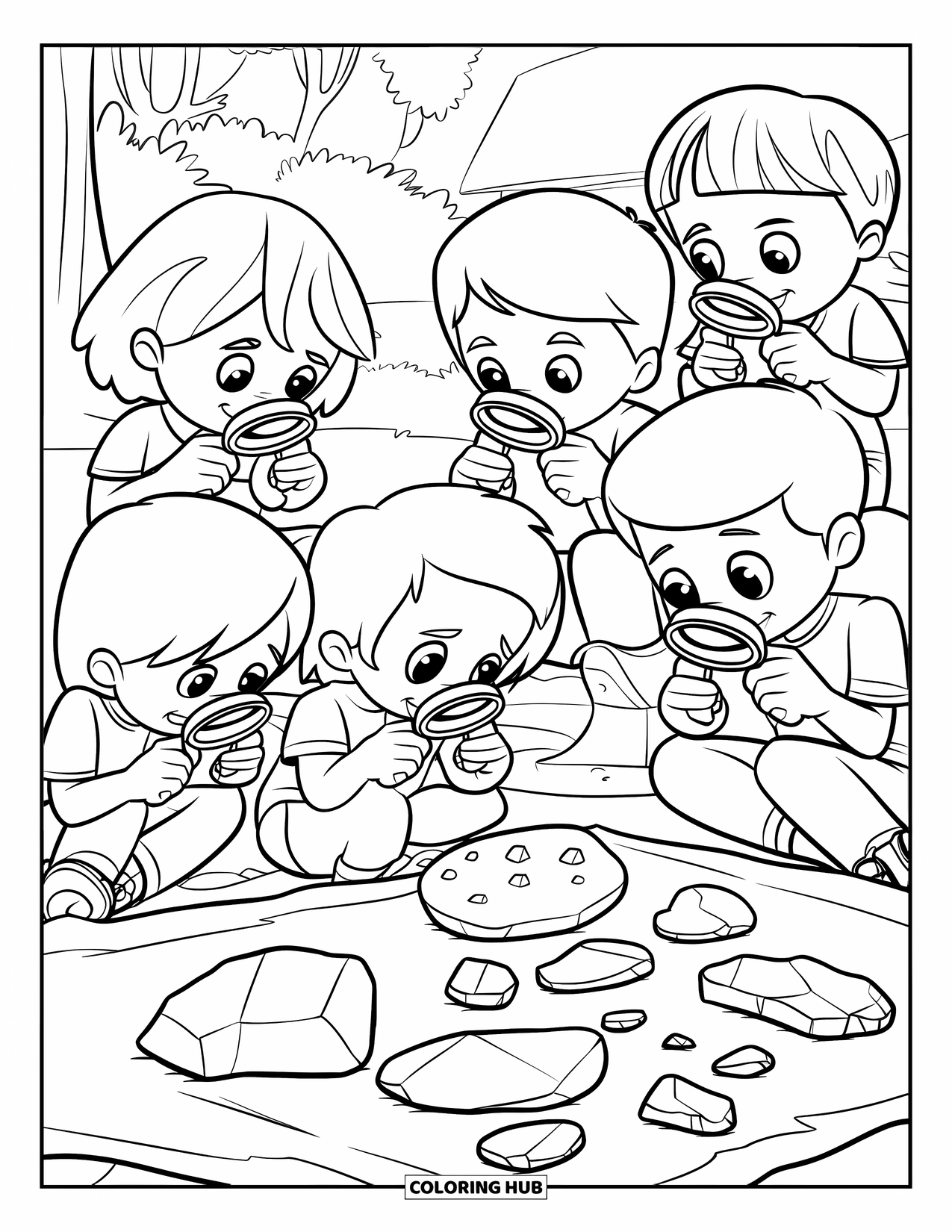Rock Coloring Page for Kids: Kids examining various rocks with magnifying glasses outdoors