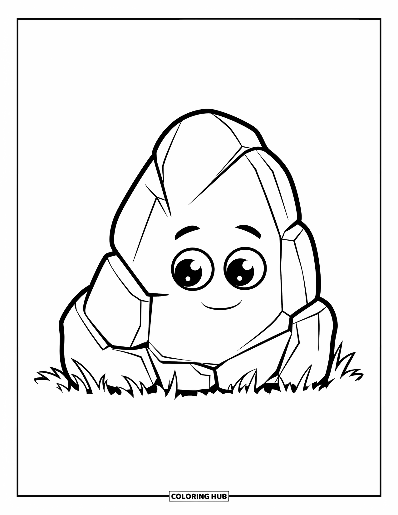 Rock Coloring Page for Kids: Large rock with round eyes and a gentle smile rests on grass