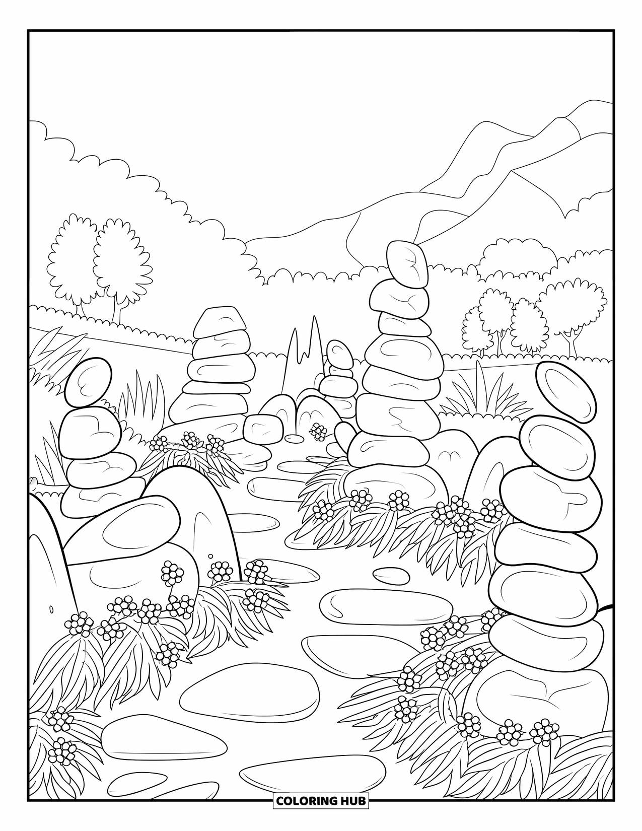 Rock Coloring Page for Kids: Path winding through stacked stones and plants in a peaceful mountain setting