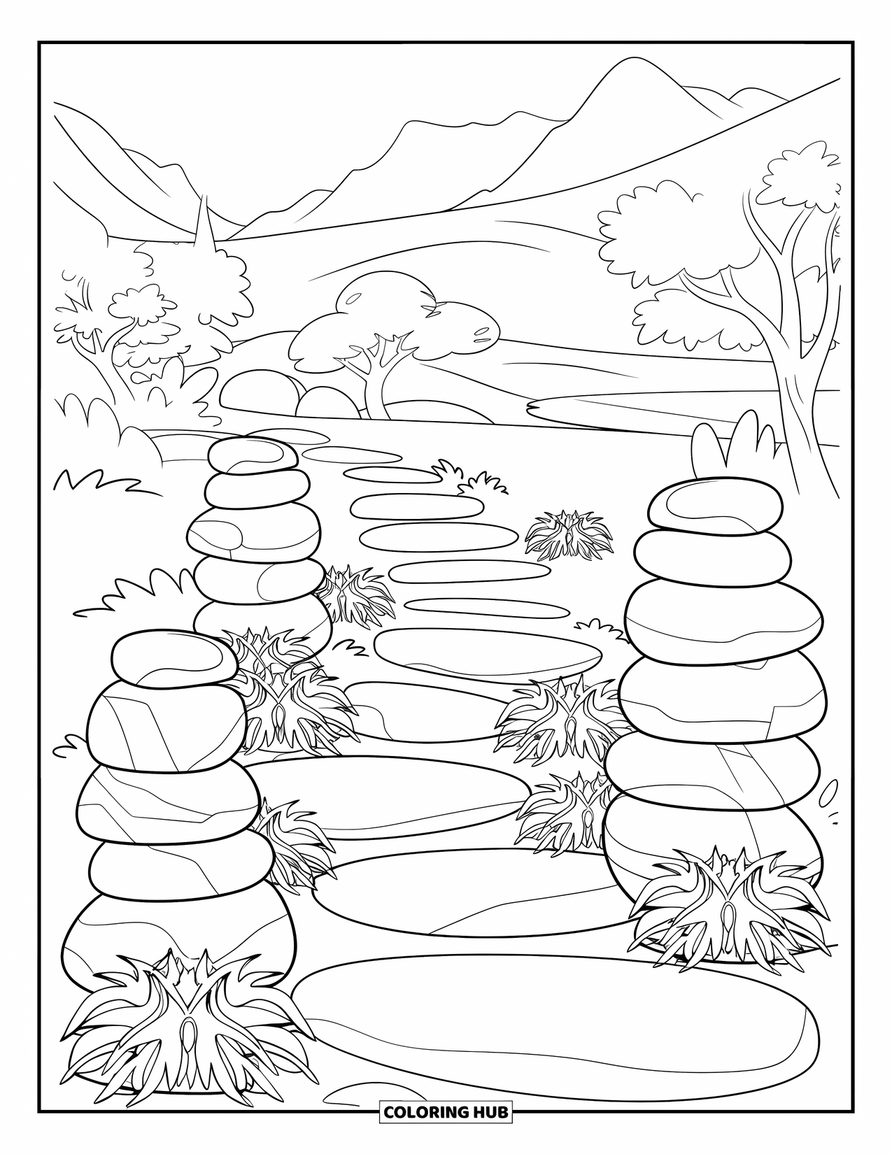 Rock Coloring Page for Kids: Peaceful rock garden path lined with plants and stacked stones in nature