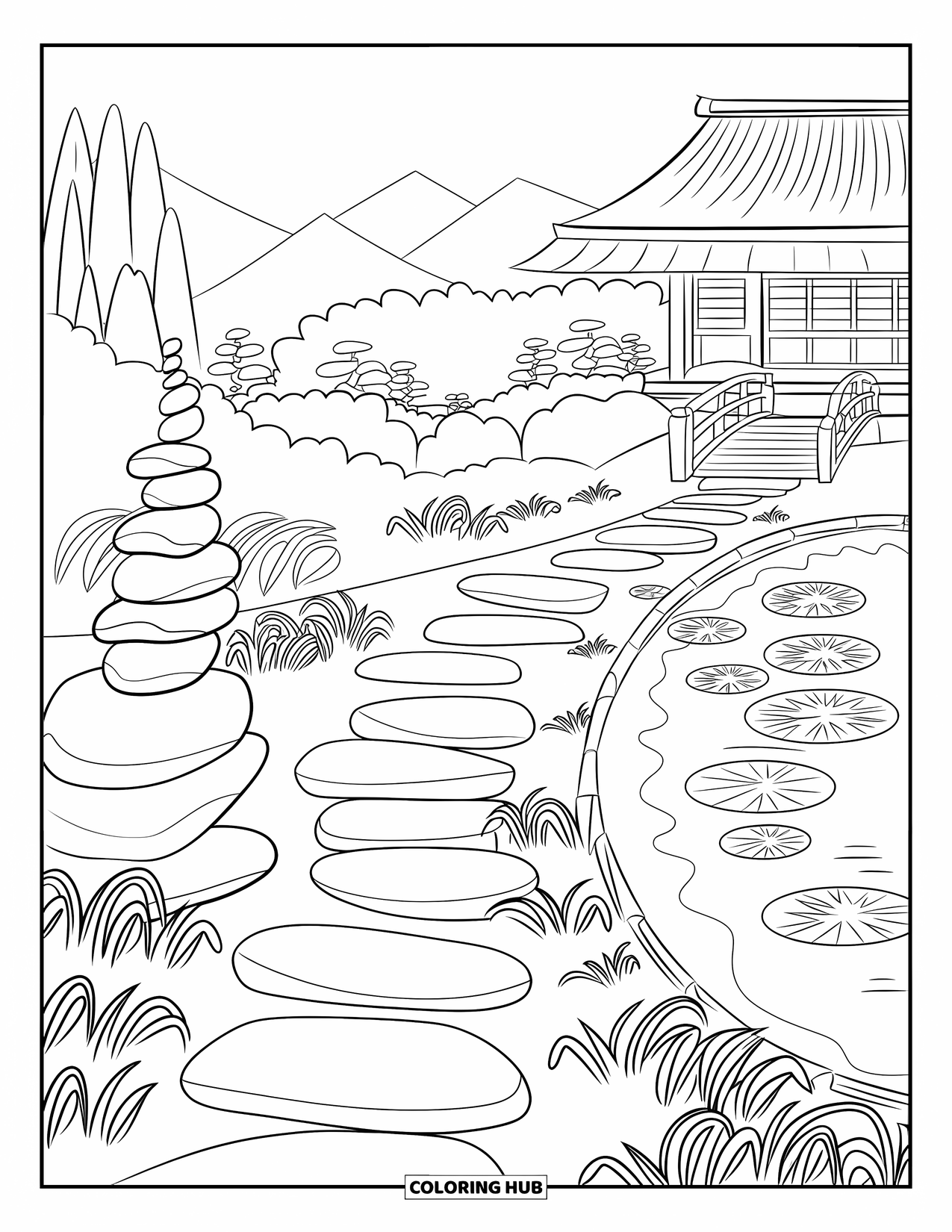 Rock Coloring Page for Kids: Rock garden path leading to a Japanese building with bridge and pond