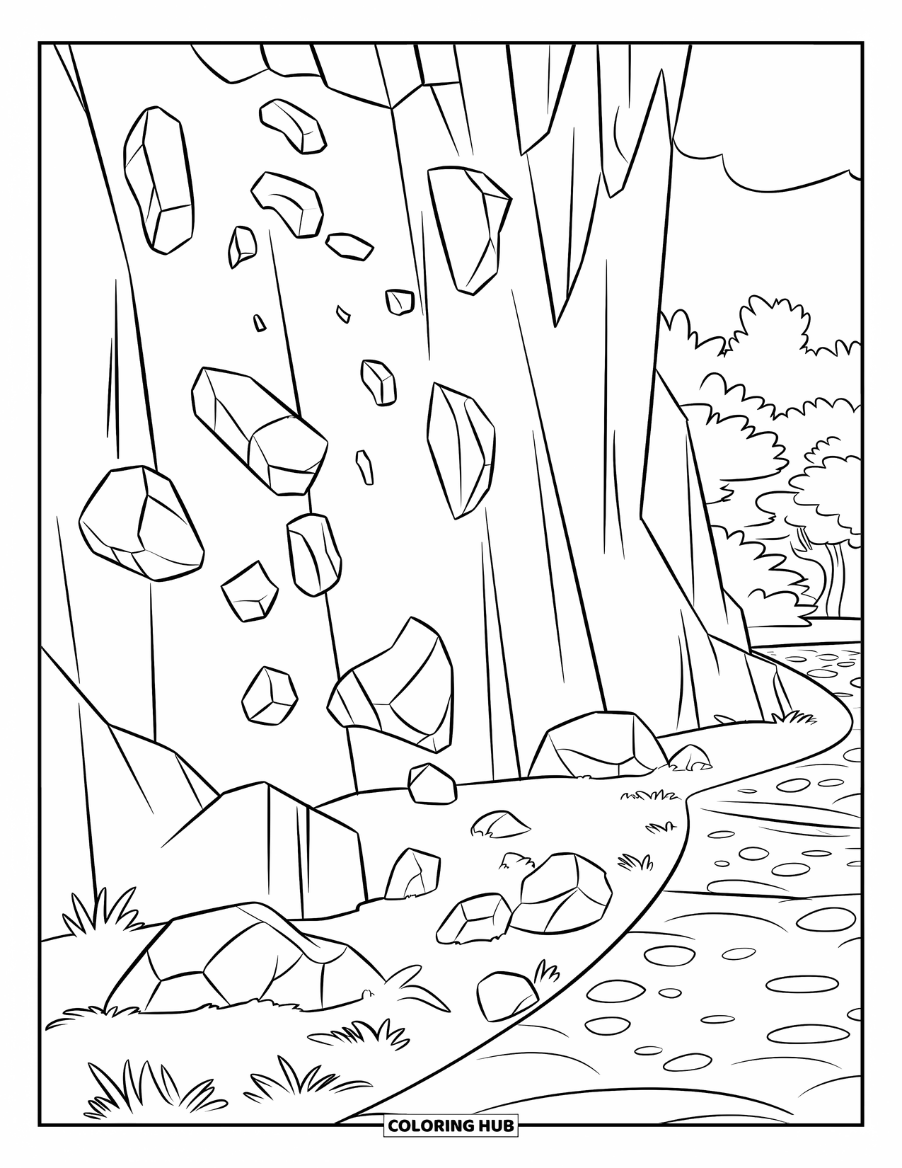 Rock Coloring Page for Kids: Rocks crash down a cliffside near trees and a winding path