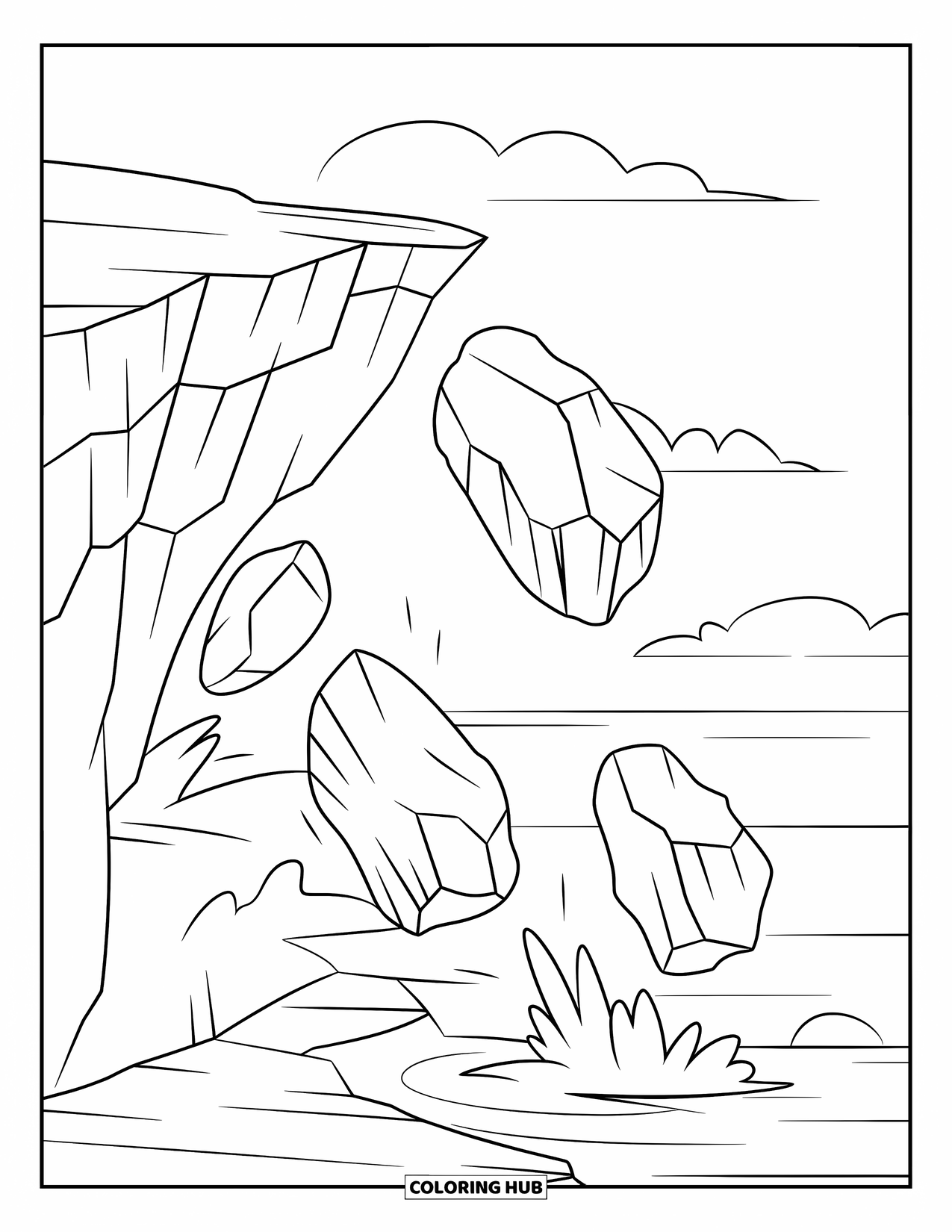 Rock Coloring Page for Kids: Rocks tumble dramatically from a cracked cliff under a cloudy sky