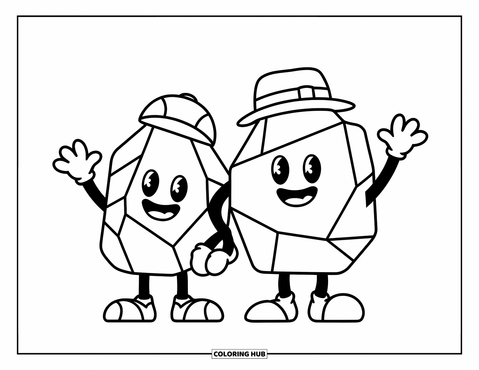 Rock Coloring Page for Kids: Smiling rock buddies wearing hats waving side by side
