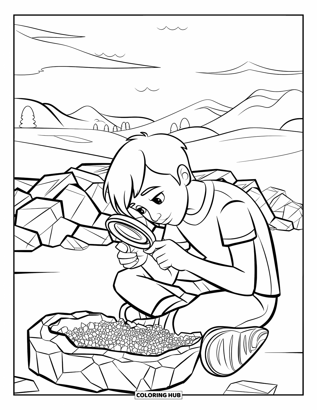 Rock Coloring Page for Kids: Teen observes sparkling minerals in a geode on a mountain trail