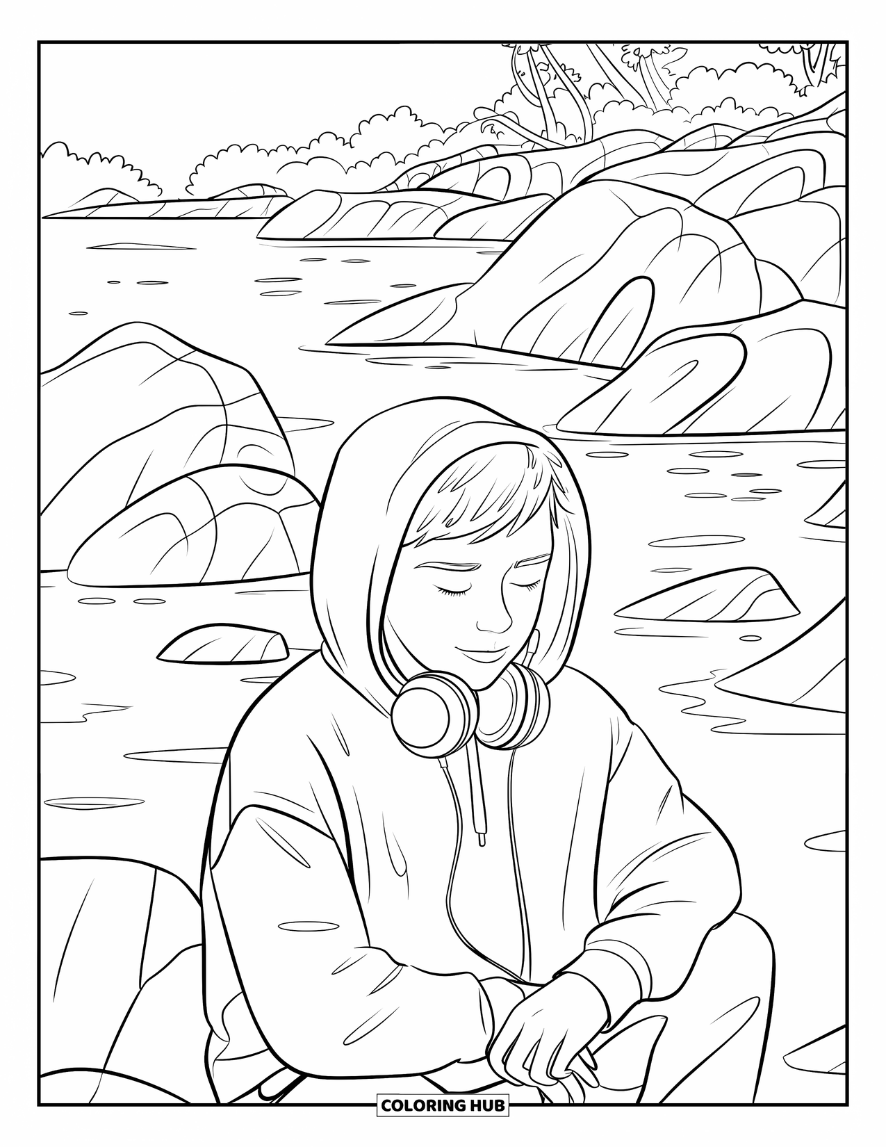 Rock Coloring Page for Kids: Teen relaxes on a rocky shore, eyes closed, listening to music