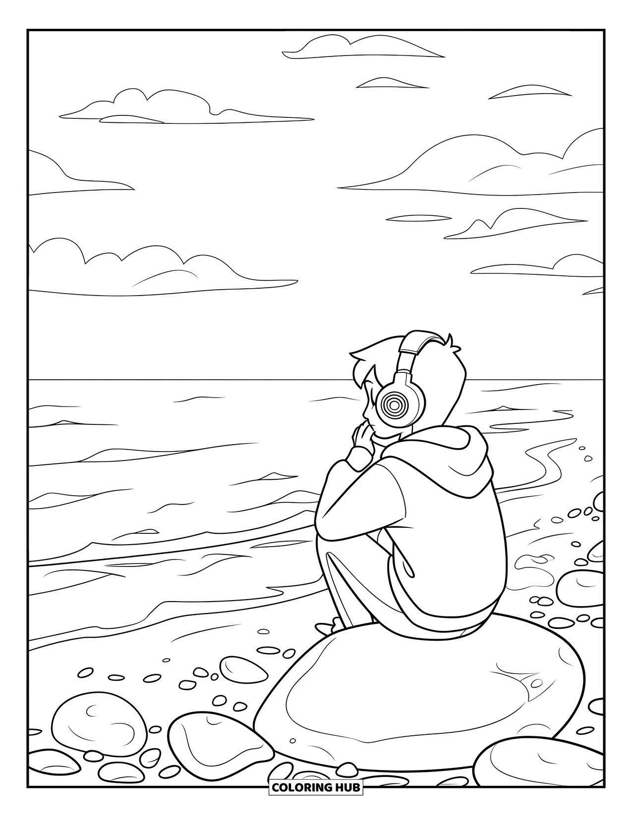 Rock Coloring Page for Kids: Teen sits on a large rock by the ocean, headphones on, waves nearby
