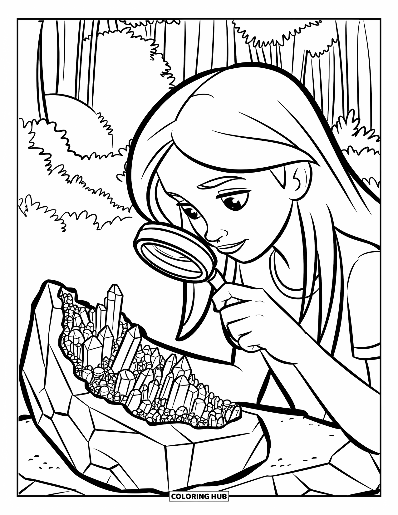 Rock Coloring Page for Kids: Teen studies a cracked geode with crystals in a forest clearing