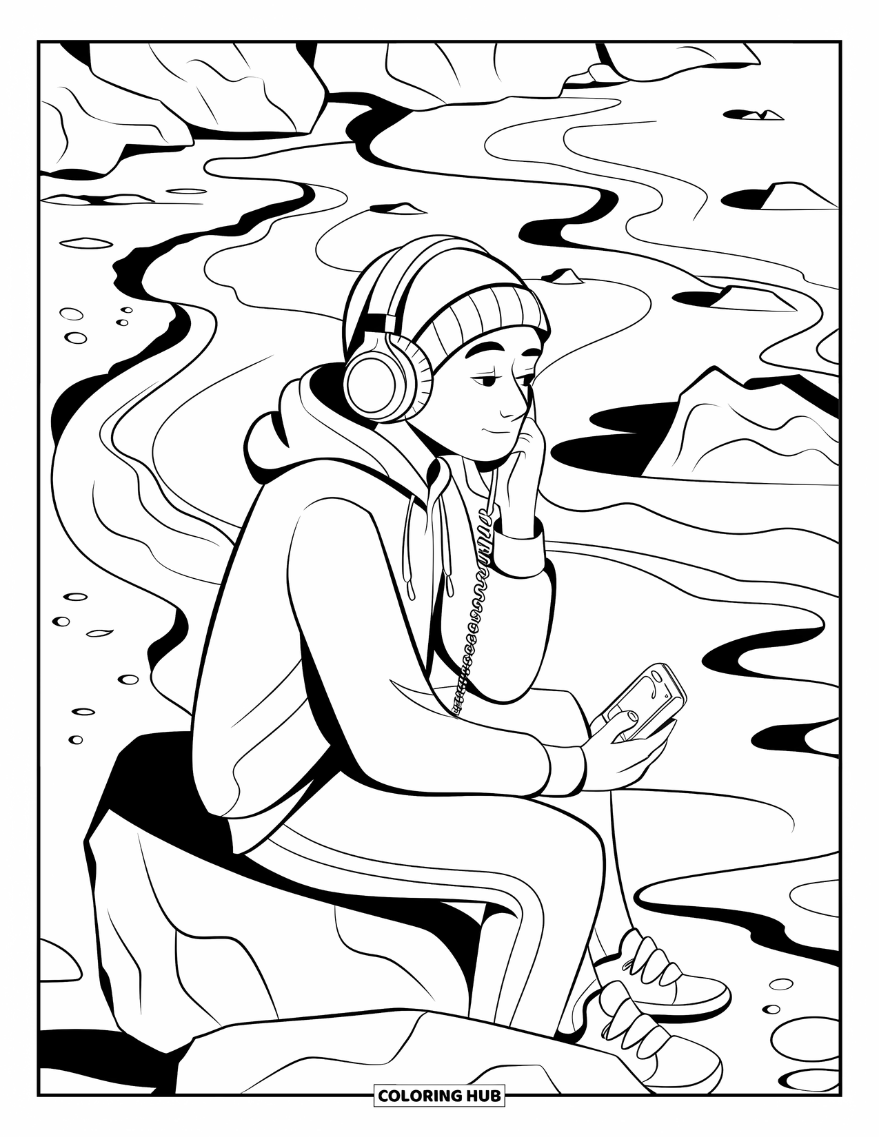 Rock Coloring Page for Kids: Teen wearing a hoodie and beanie listens to music on a rocky beach