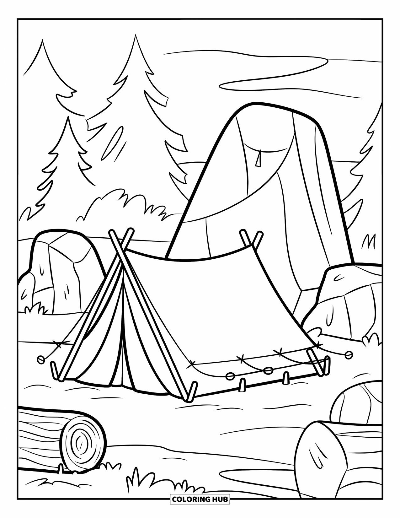 Rock Coloring Page for Kids: Tent on sandy ground near large rocks with nearby trees