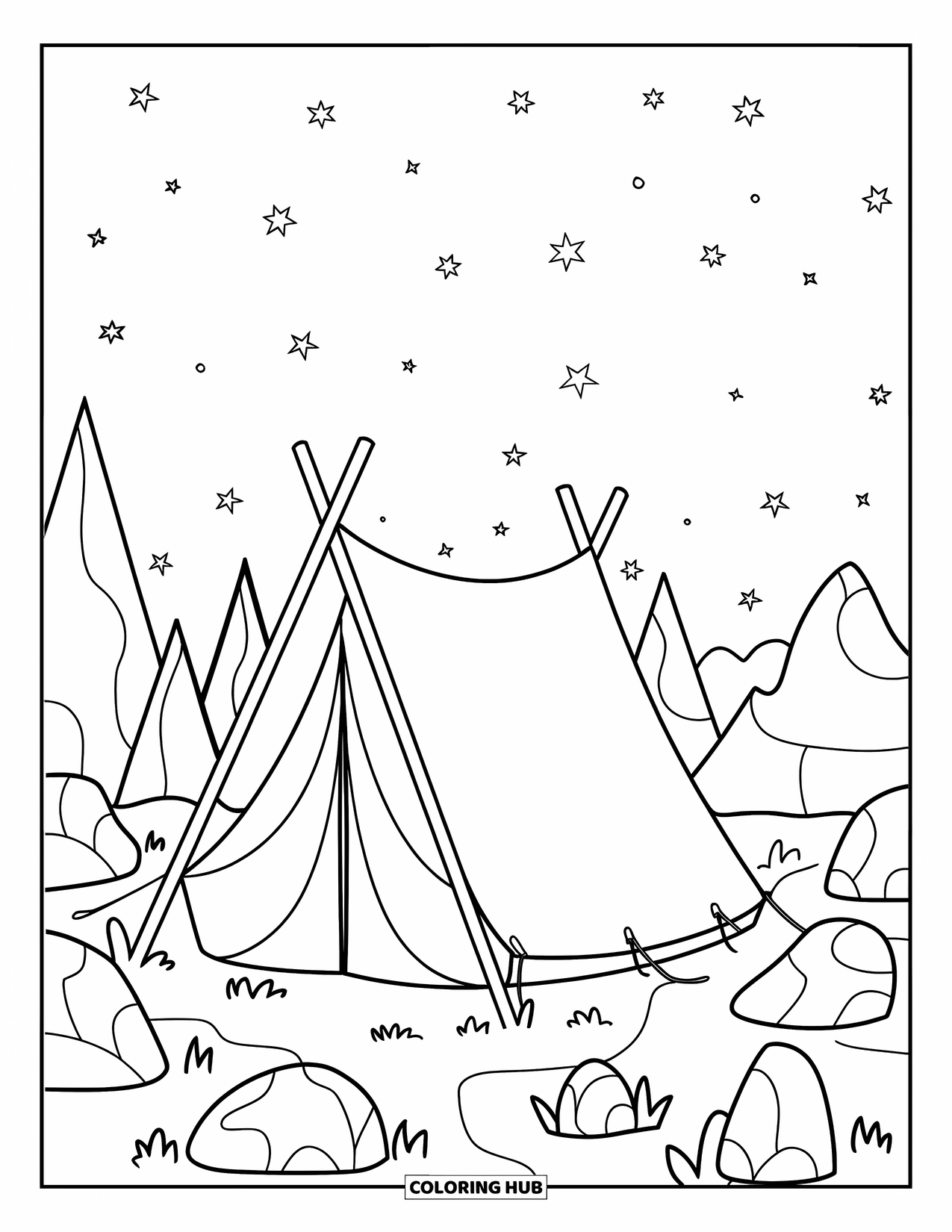 Rock Coloring Page for Kids: Tent with tripod stand surrounded by rocks under a starry night