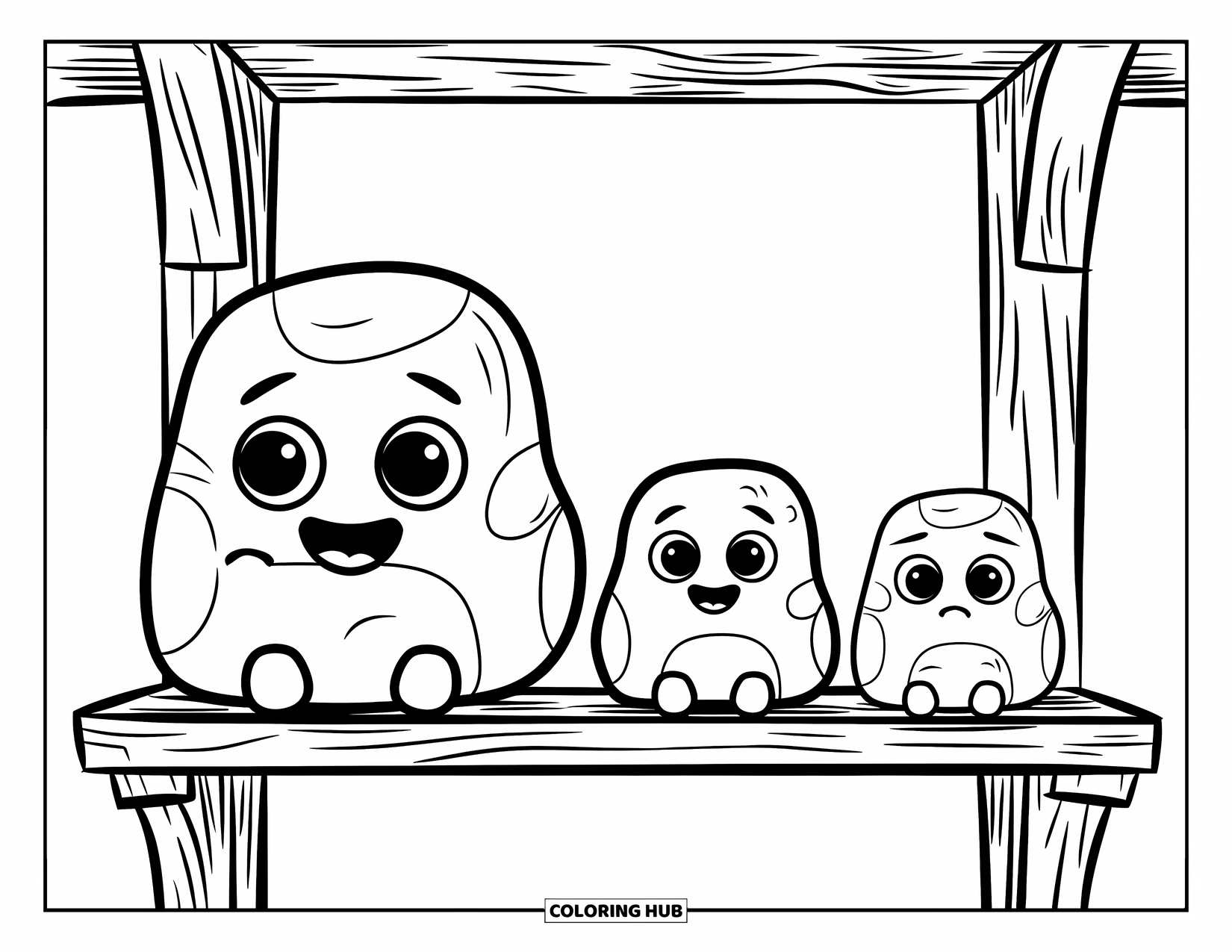 Rock Coloring Page for Kids: Three rock pets with different expressions rest on a textured wooden shelf