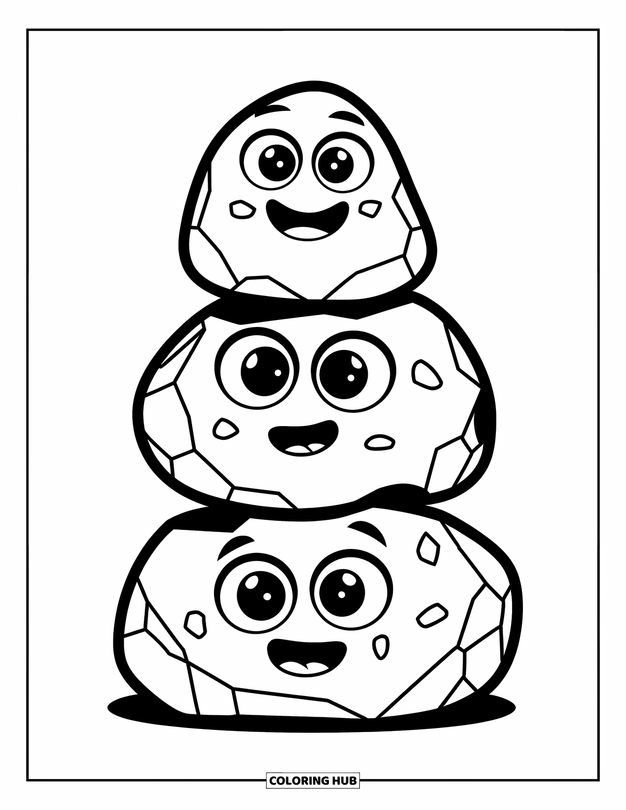 Rock Coloring Page for Kids: Three smiling rocks stacked in a playful tower