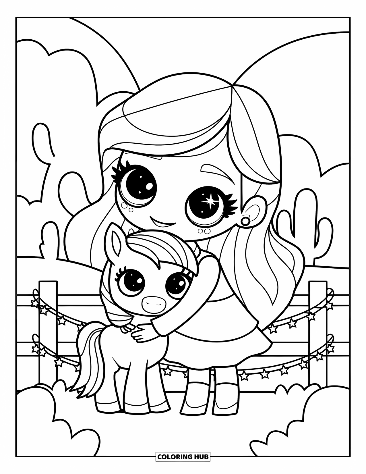 Rodeo Coloring Page for Adults: Chibi cowgirl hugging a pony near star garlands, cacti, and curved hills