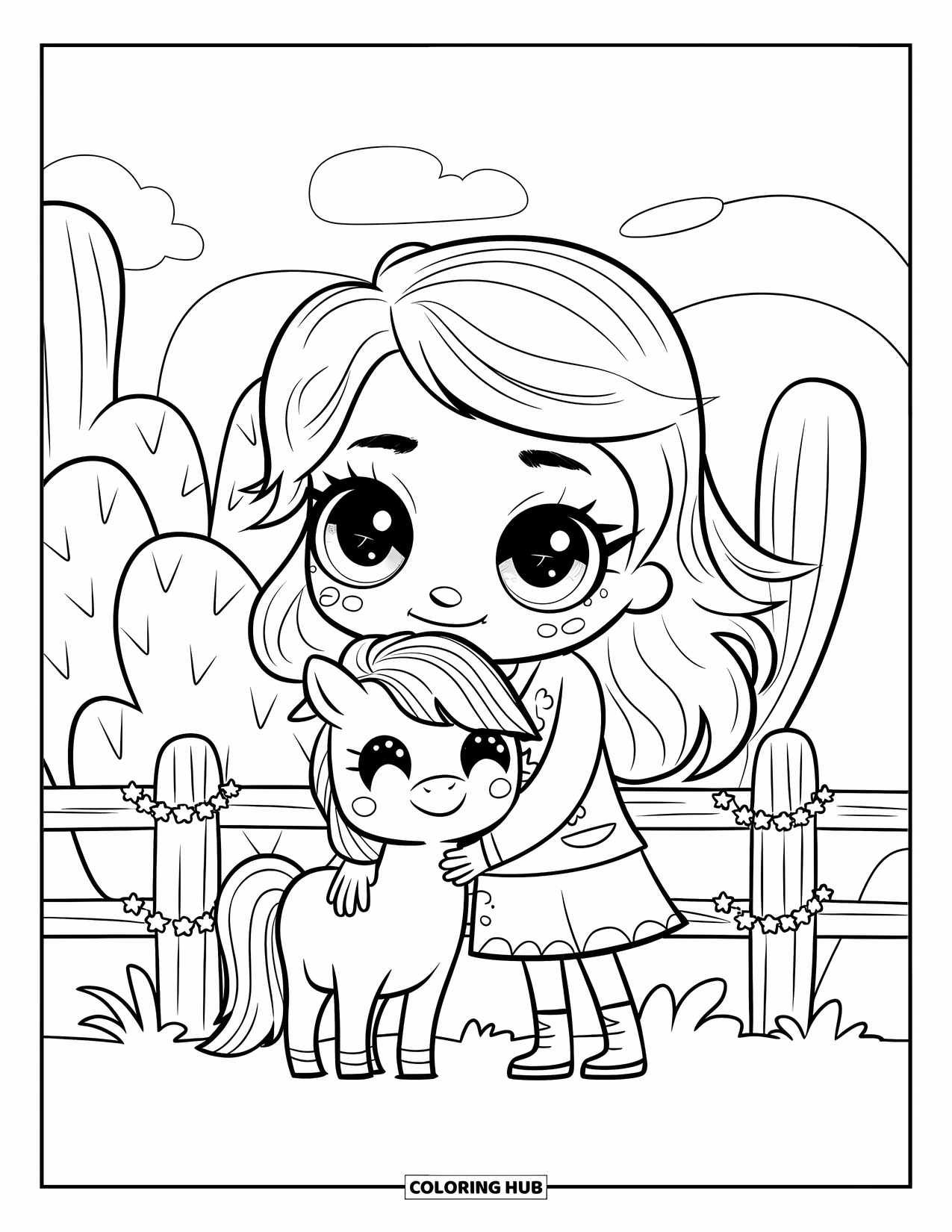 Rodeo Coloring Page for Adults: Chibi cowgirl hugging a tiny pony near a fence with star garlands