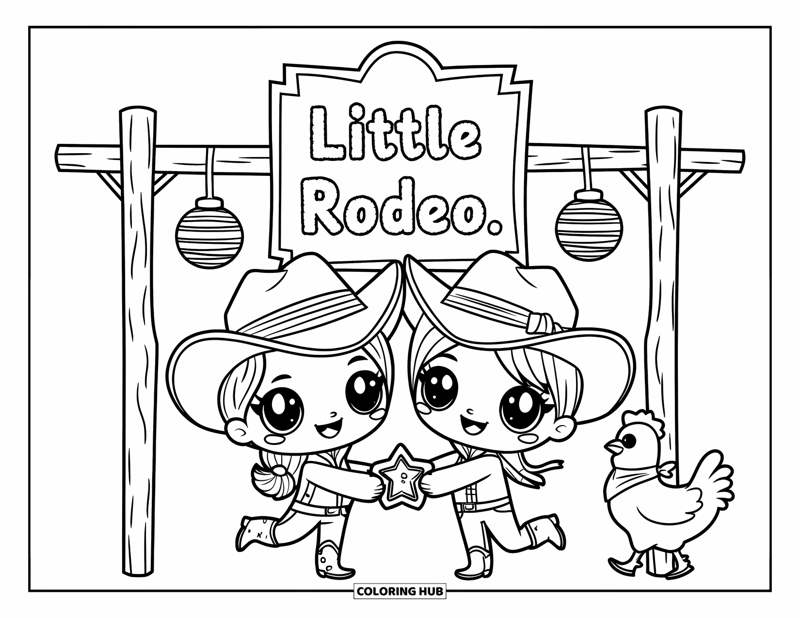 Rodeo Coloring Page for Adults: Cowboy and cowgirl with big hats and a chicken near a rustic rodeo sign
