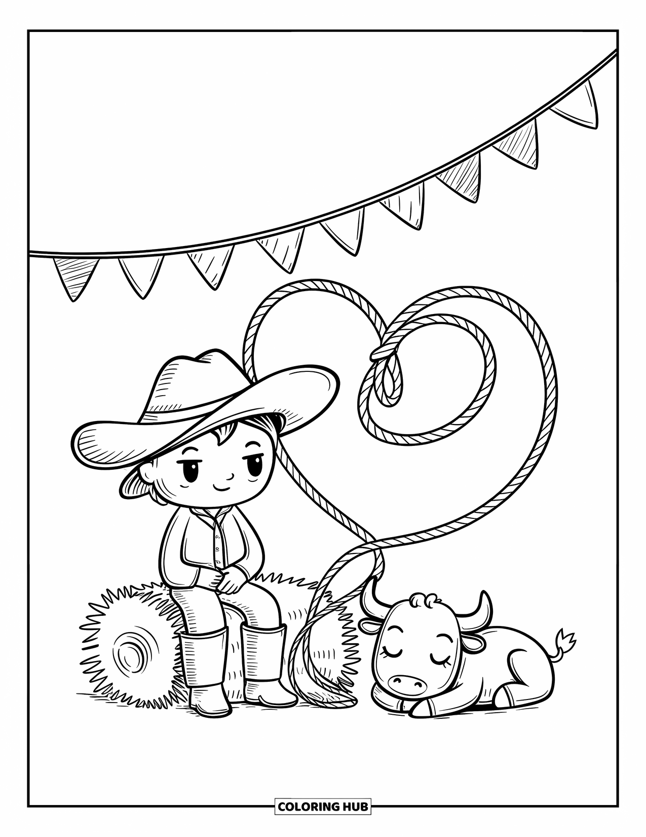 Rodeo Coloring Page for Adults: Cowboy on a hay bale with a heart-shaped lasso and sleepy baby bull nearby