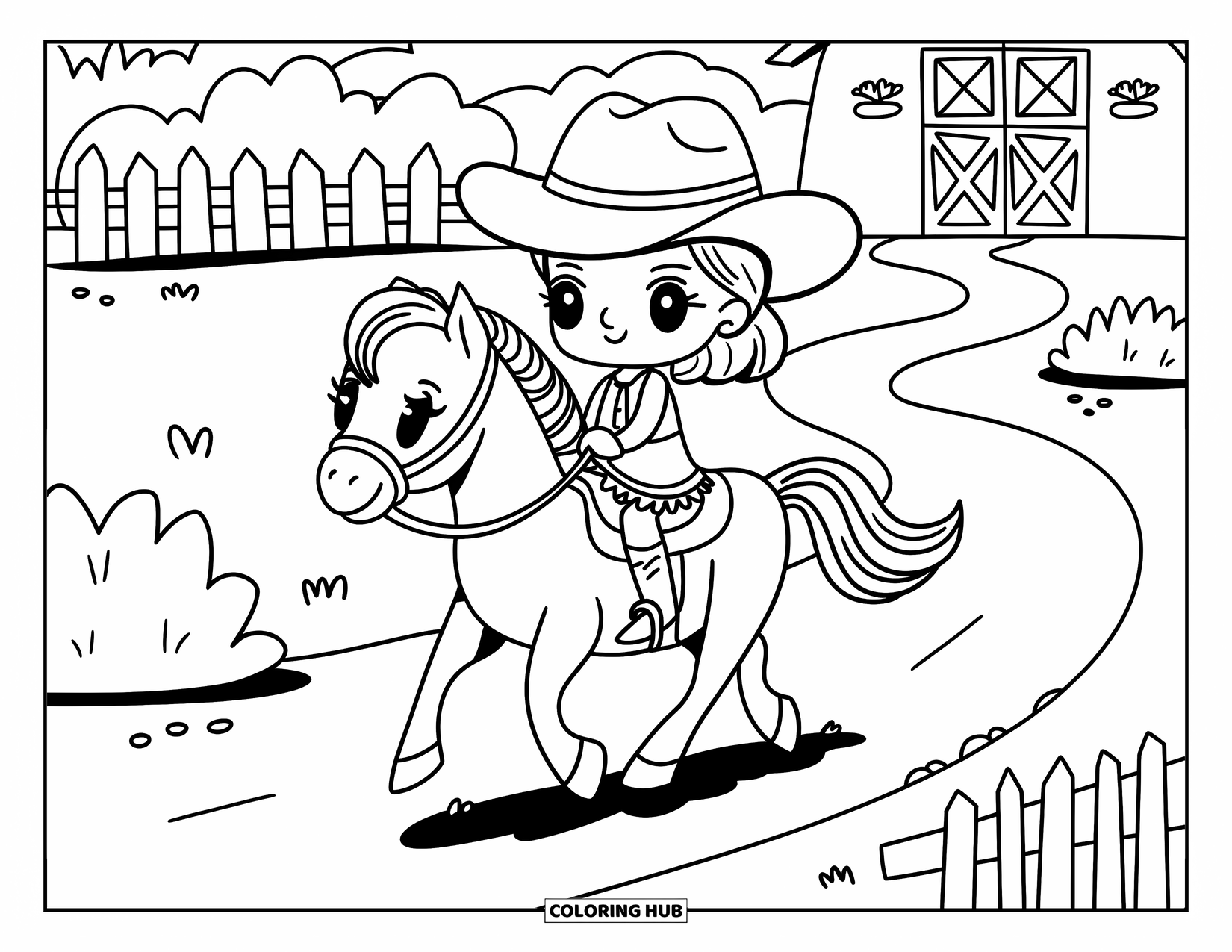 Rodeo Coloring Page for Adults: Cowgirl riding pony with fences, shrubs, and patterned barn doors
