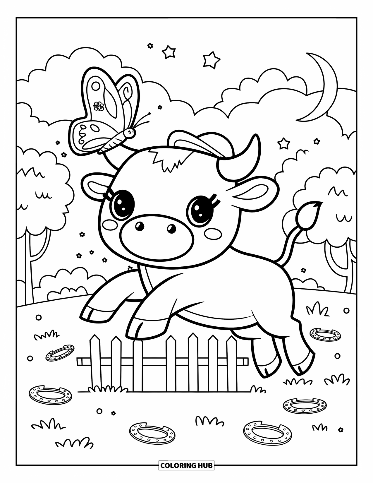 Rodeo Coloring Page for Adults: Cute bull jumping a fence with butterfly, fluffy trees, moons, and horseshoes