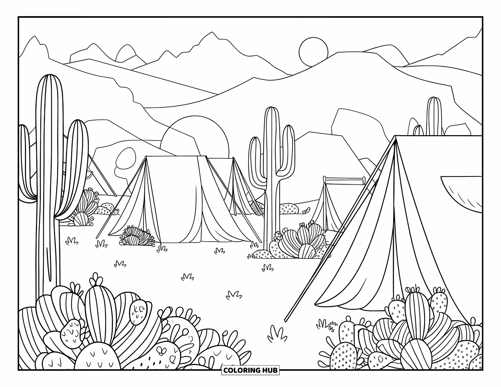 Rodeo Coloring Page for Adults: Desert rodeo camp with patterned cacti, tents, and horse gear under the night sky