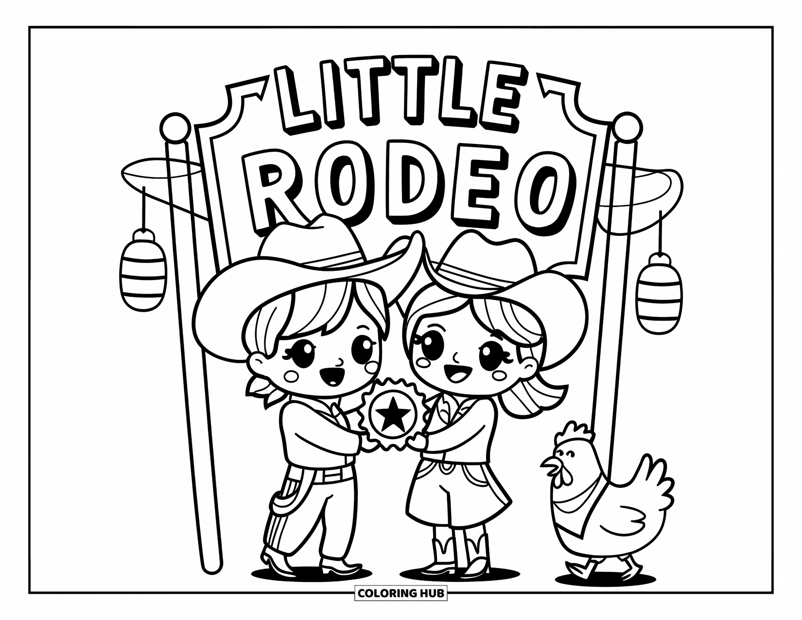 Rodeo Coloring Page for Adults: Hand-drawn cowboy and cowgirl holding a star badge under a rodeo sign
