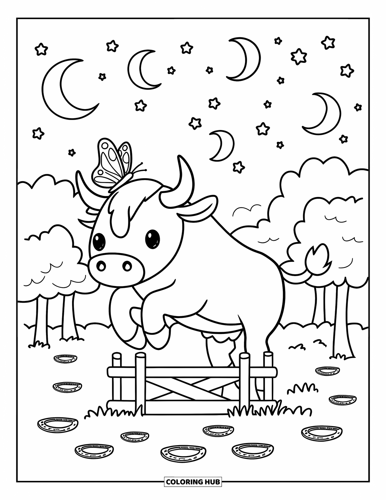 Rodeo Coloring Page for Adults: Mini bull leaping a fence with butterfly, moons, stars, and scattered horseshoes
