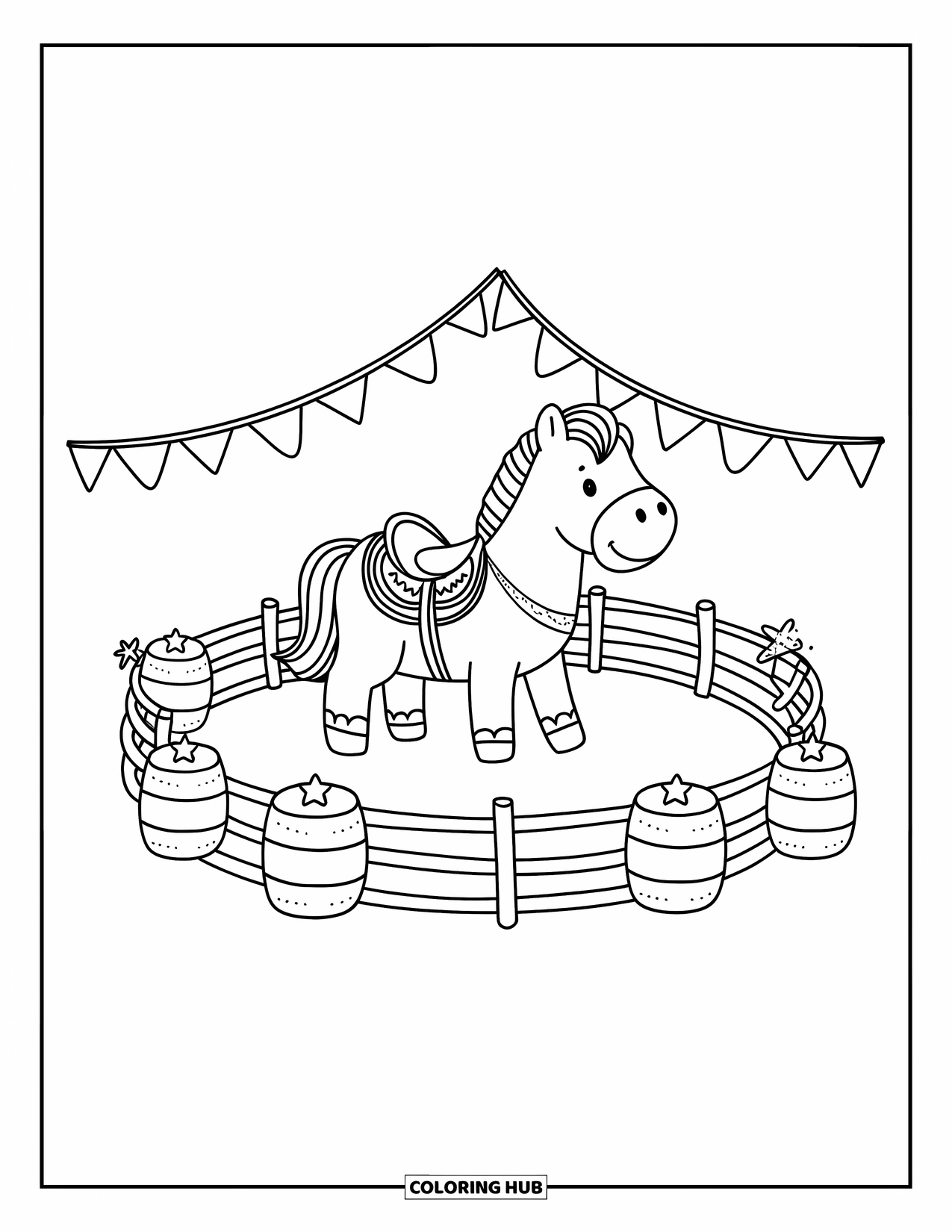 Rodeo Coloring Page for Adults: Mini horse in rodeo ring with bunting and star-topped barrels