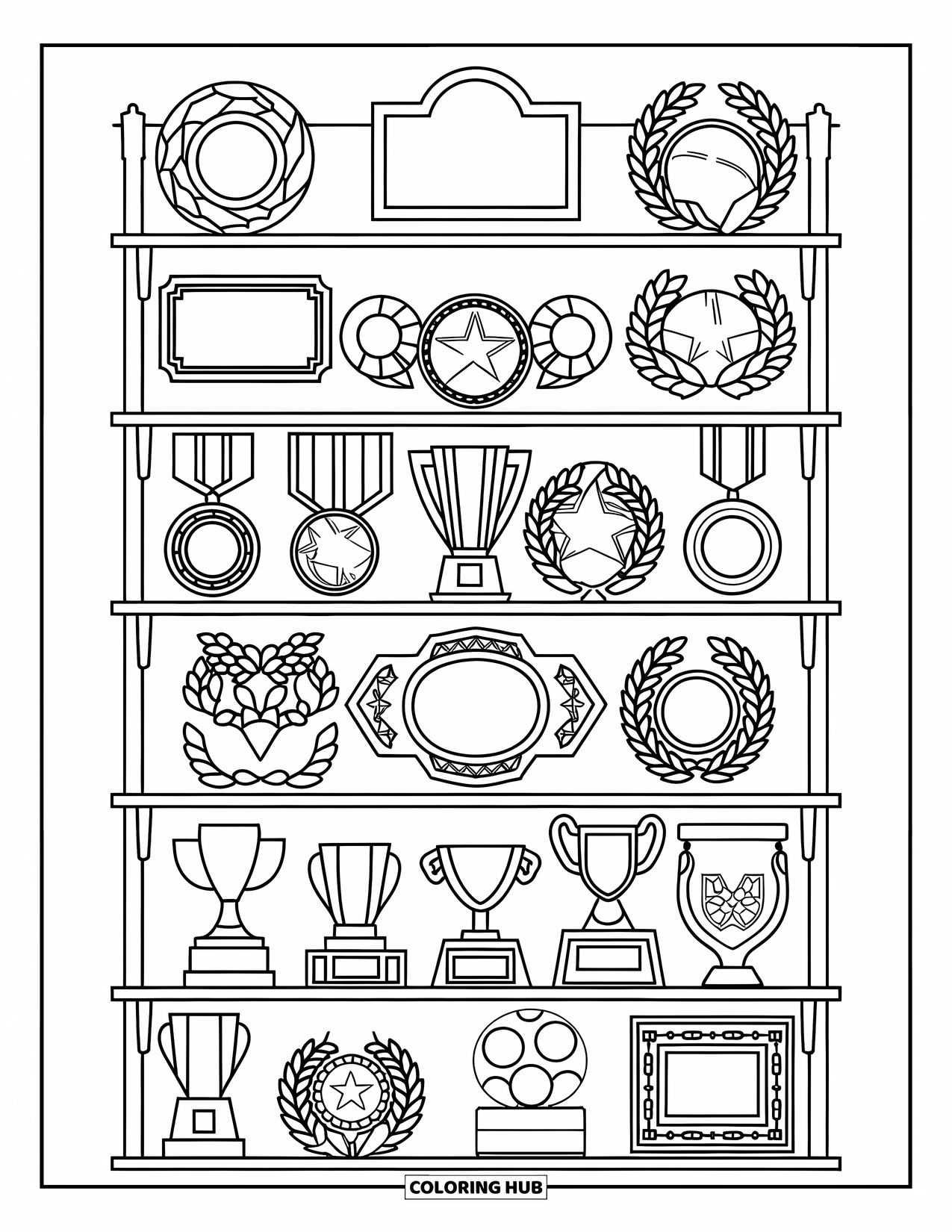 Rodeo Coloring Page for Adults: Rodeo trophy shelf filled with plaques, medals, belt buckles, and keepsakes