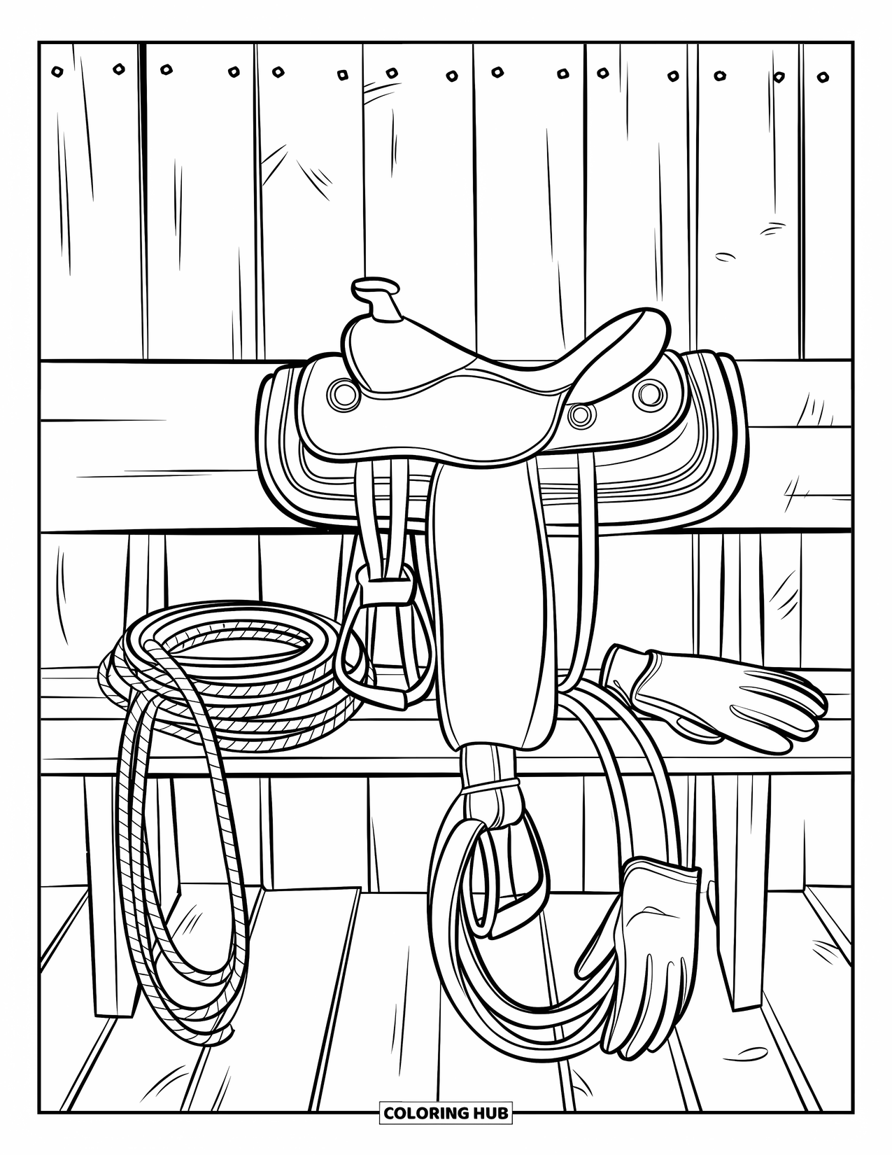 Rodeo Coloring Page for Adults: Saddle, rope, spurs, and gloves arranged on a rustic wooden bench