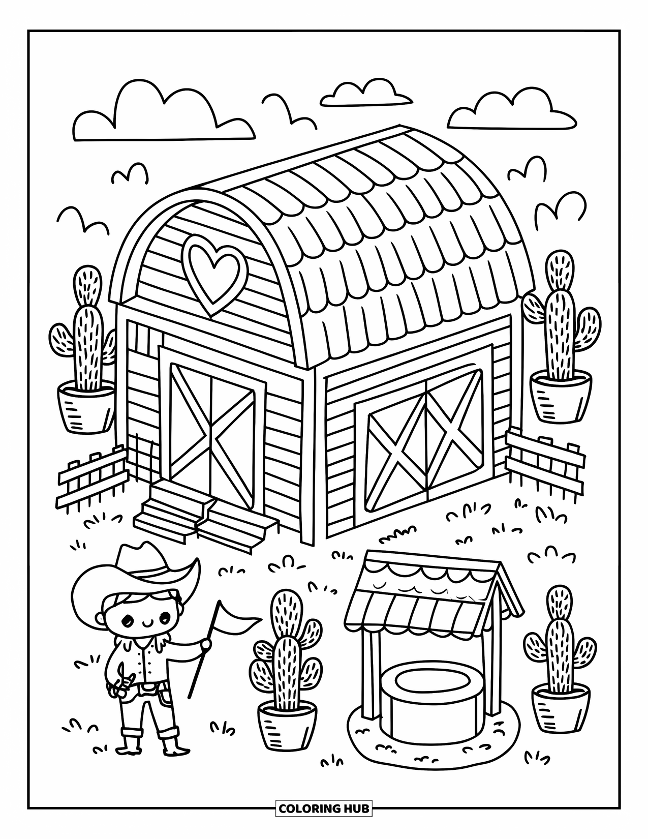 Rodeo Coloring Page for Adults: Tiny rodeo barn with heart windows, cacti, waving cowboy, and mini well