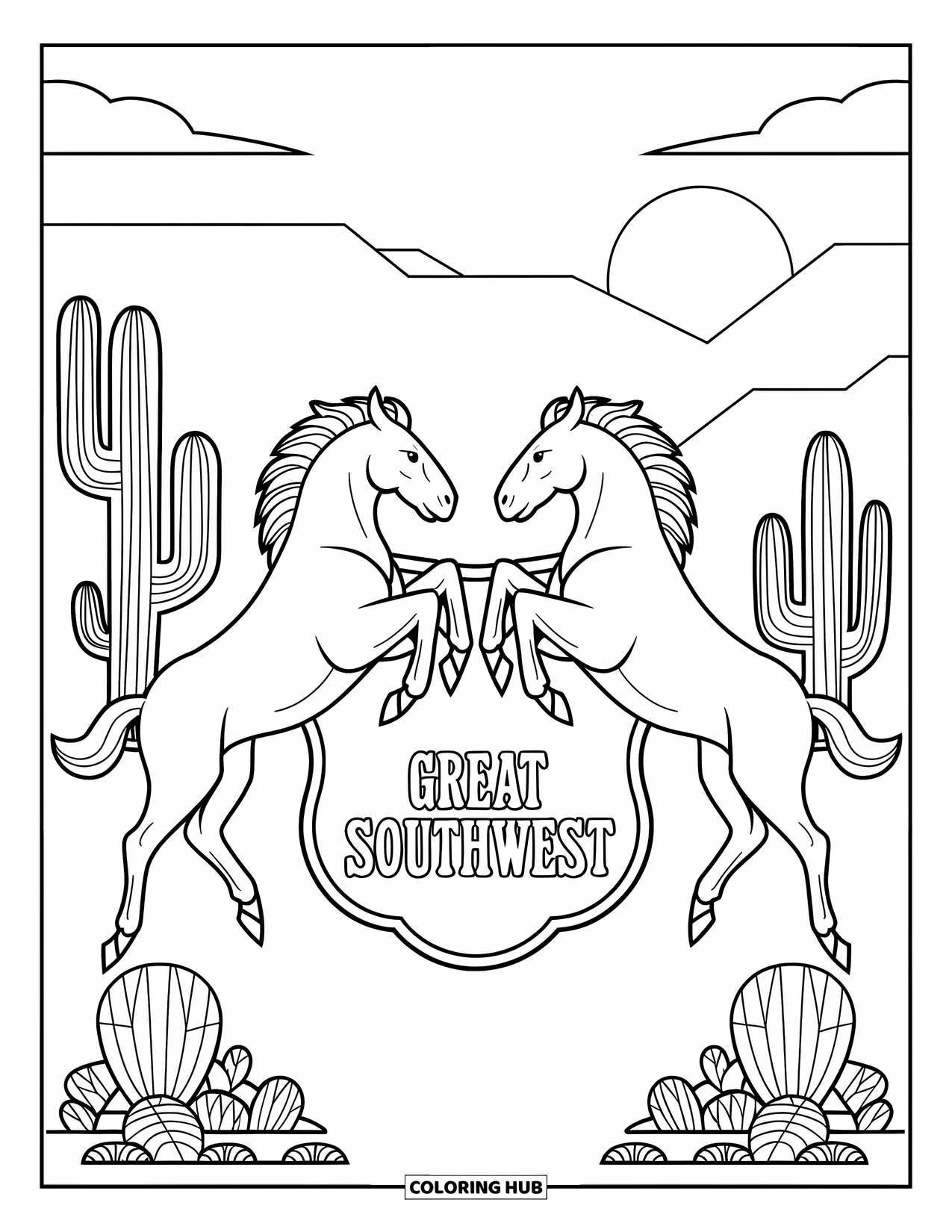 Rodeo Coloring Page for Adults: Western badge reading "GREAT SOUTHWEST" with mirrored broncos and desert scene