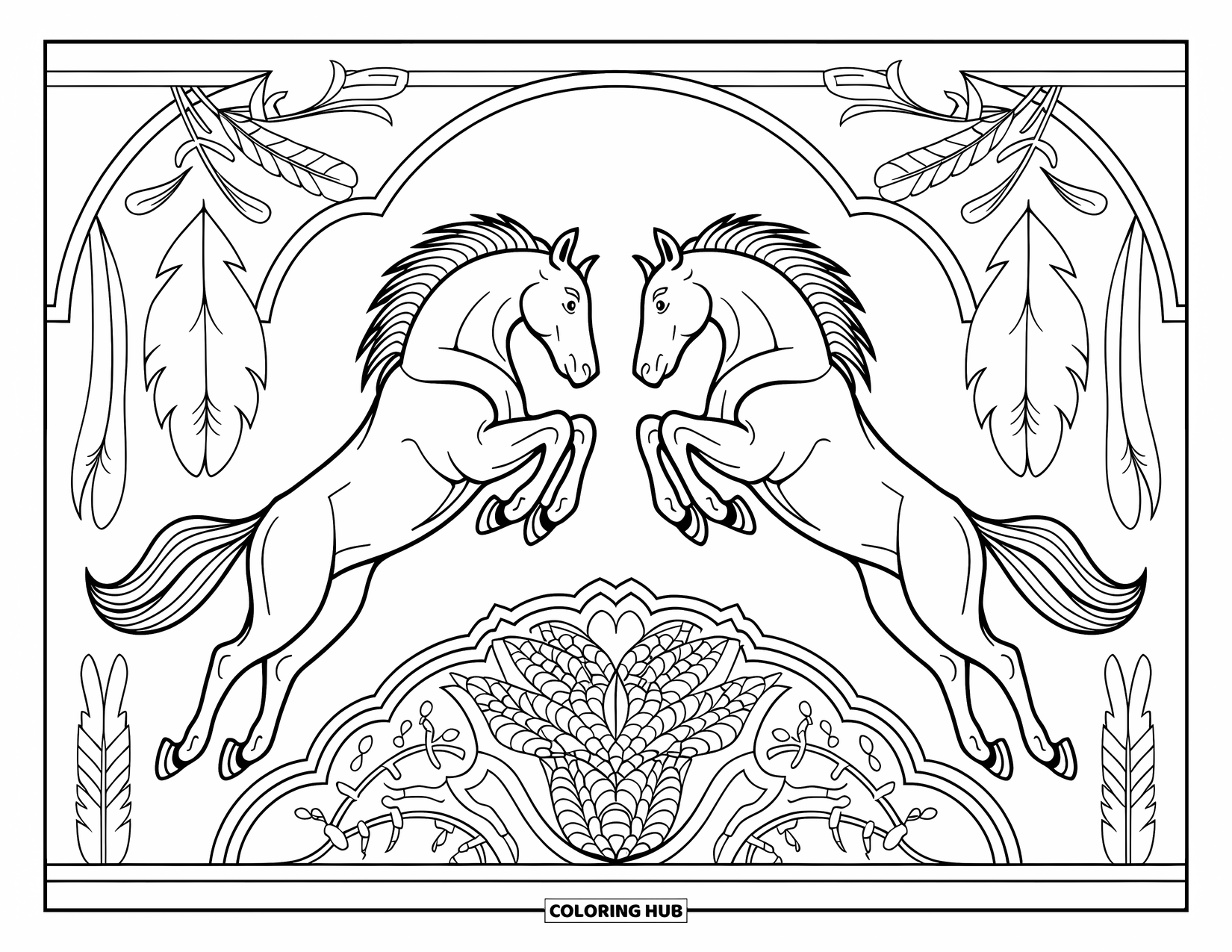 Rodeo Coloring Page for Adults: Western badge with mirrored broncos, feathers, symbols, and artistic vines