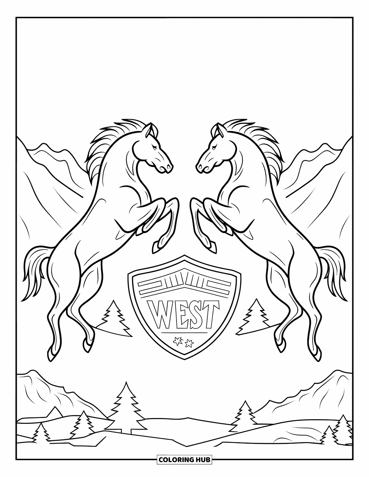 Rodeo Coloring Page for Adults: Western badge with "West" text, mirrored broncos, and mountain landscape