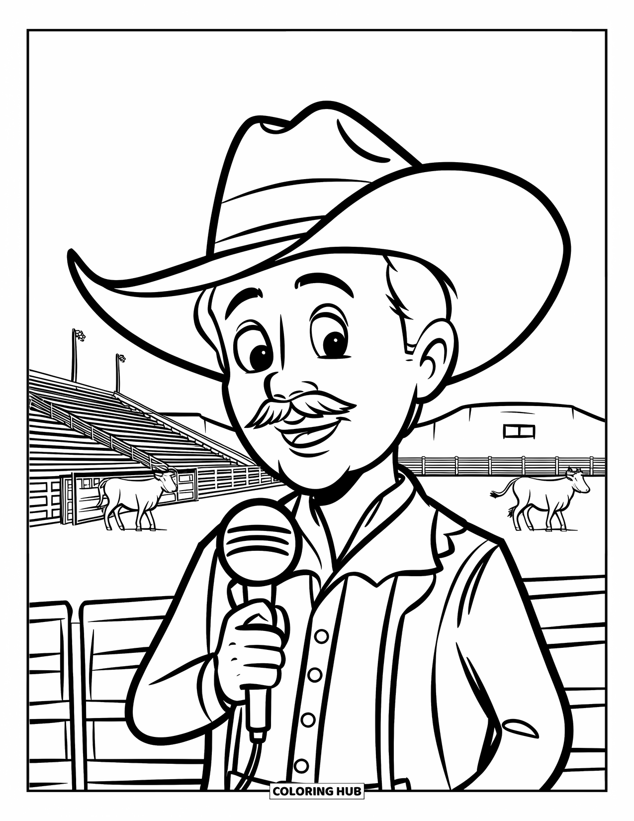 Rodeo Coloring Page for Kids: Announcer in western outfit speaks in arena with cattle nearby