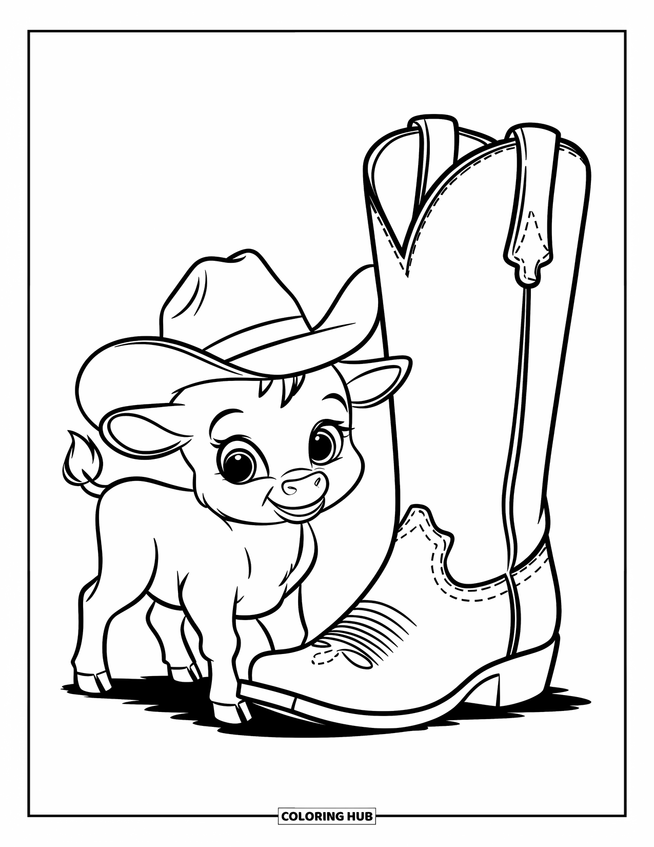 Rodeo Coloring Page for Kids: Baby calf wearing hat stands next to large boot