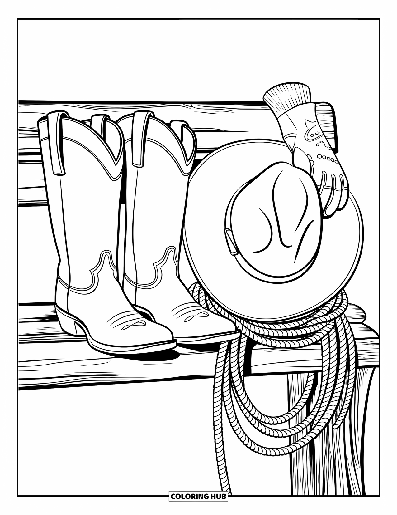 Rodeo Coloring Page for Kids: Boots, hat, gloves, and coiled rope arranged on a wooden bench with rustic charm