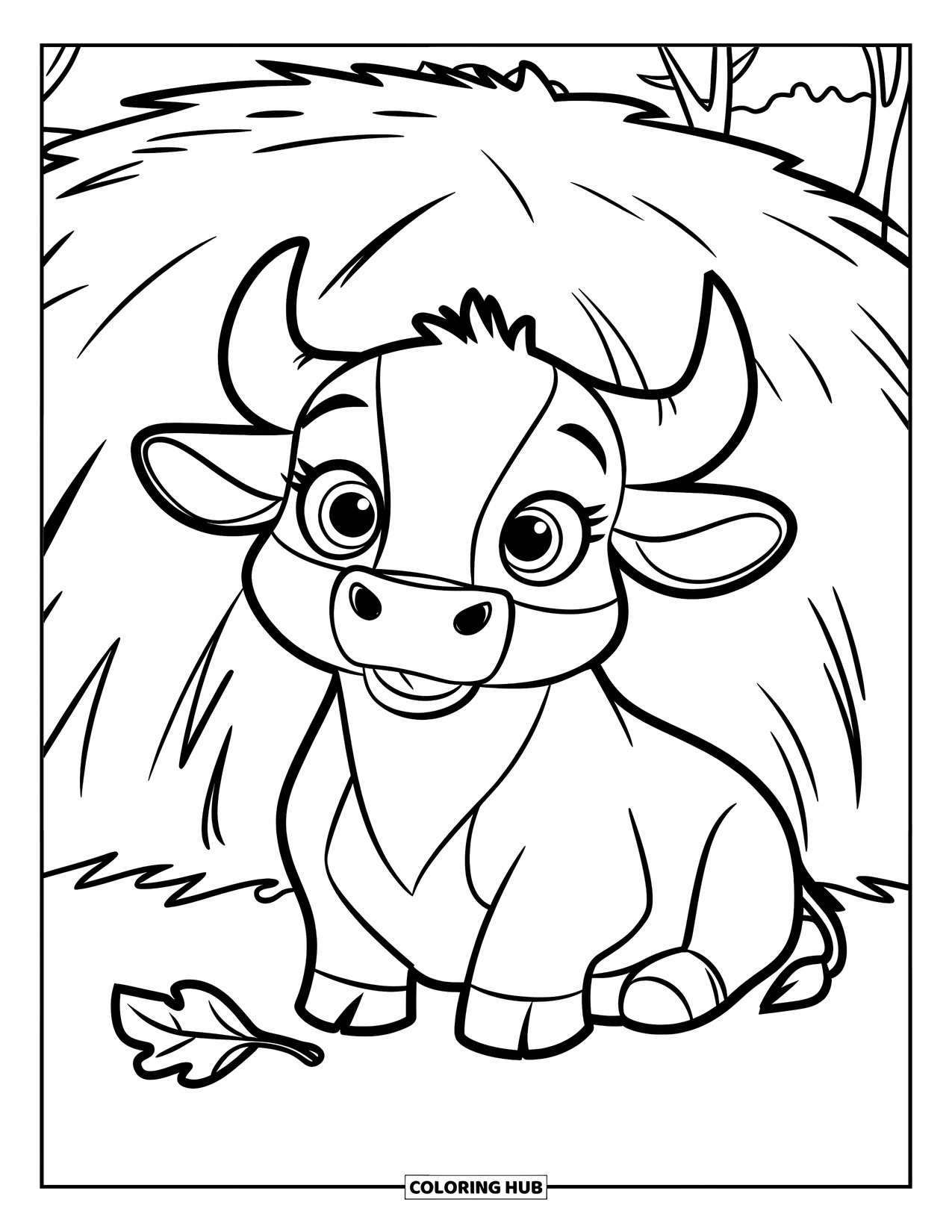Rodeo Coloring Page for Kids: Bull with big eyes sits calmly near haystack and trees