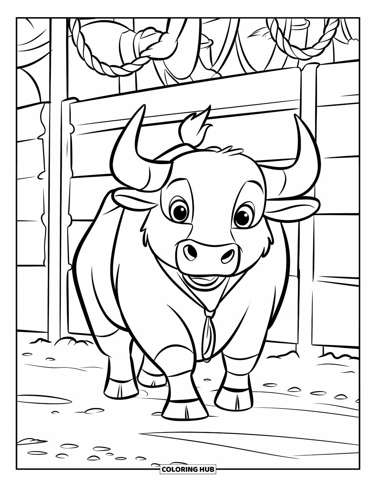 Rodeo Coloring Page for Kids: Bull with cape walks through rodeo chute surrounded by crowd