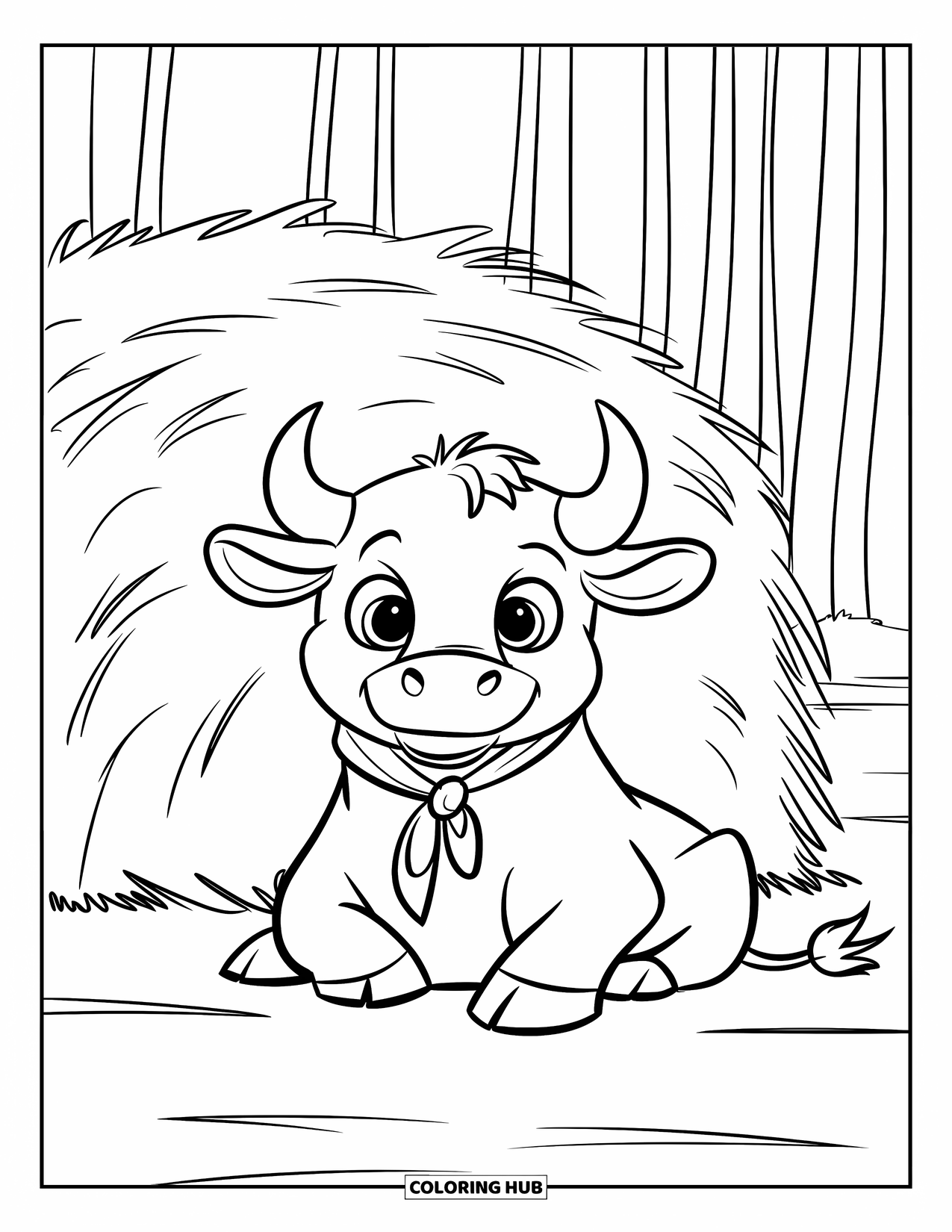 Rodeo Coloring Page for Kids: Bull with neckerchief sits near haystack in open field