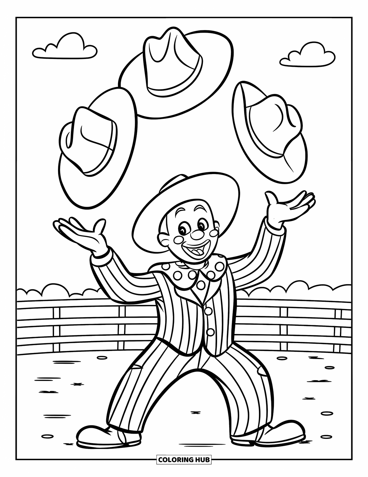 Rodeo Coloring Page for Kids: Cheerful rodeo clown juggles three cowboy hats