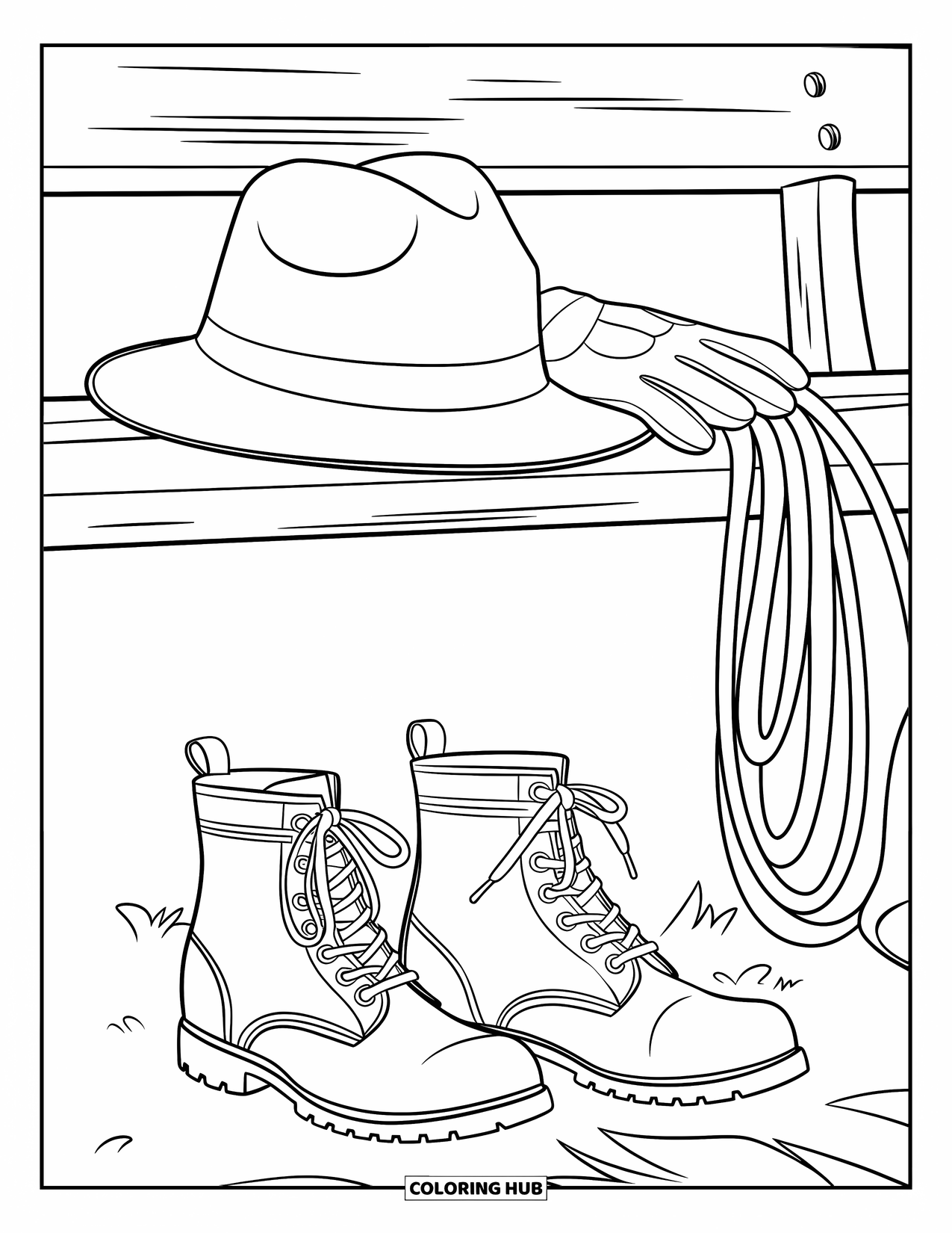 Rodeo Coloring Page for Kids: Close-up of boots, hat, gloves, and coiled rope resting on a bench